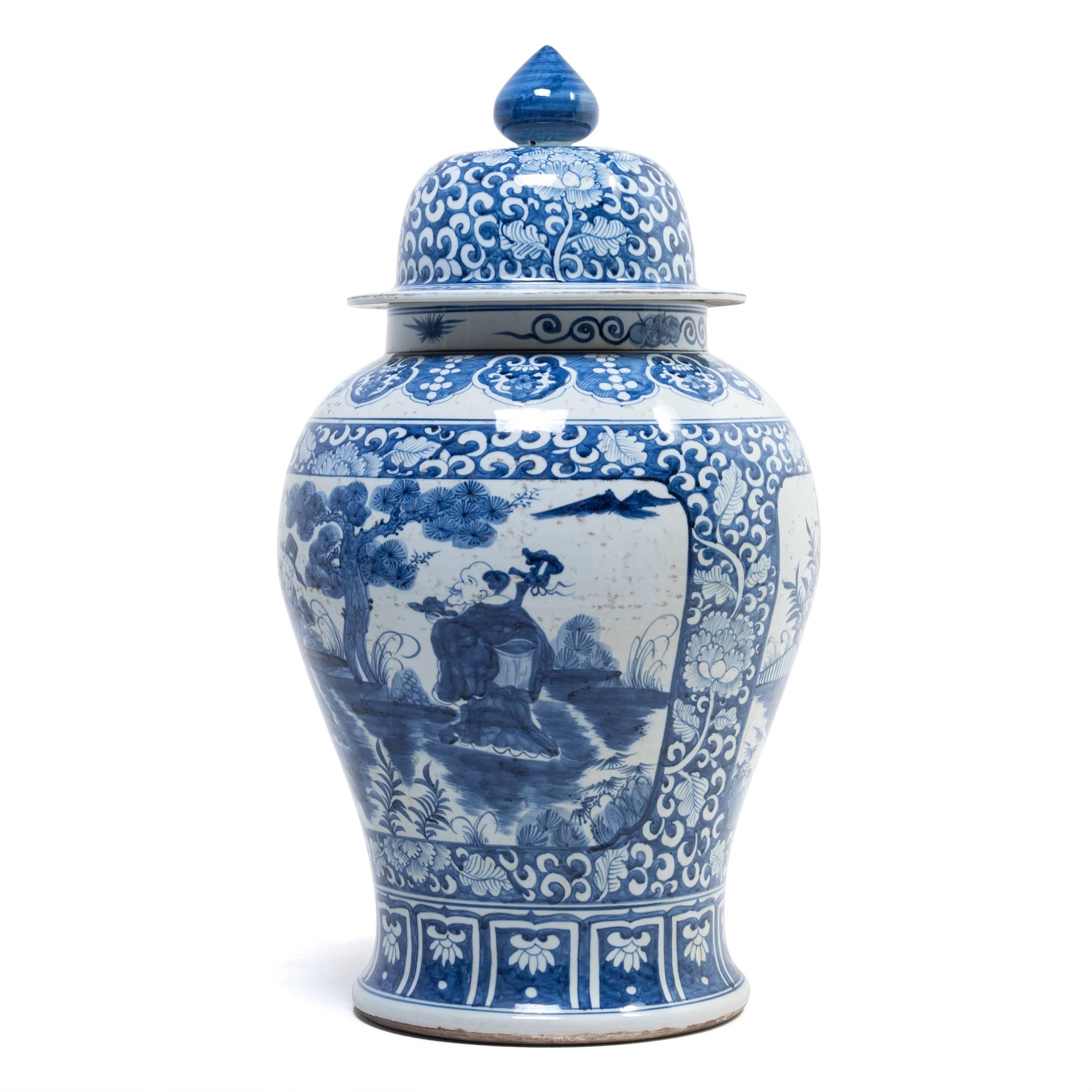 Chinese Blue and White Ginger Jar with Scholars in a Garden Portraits