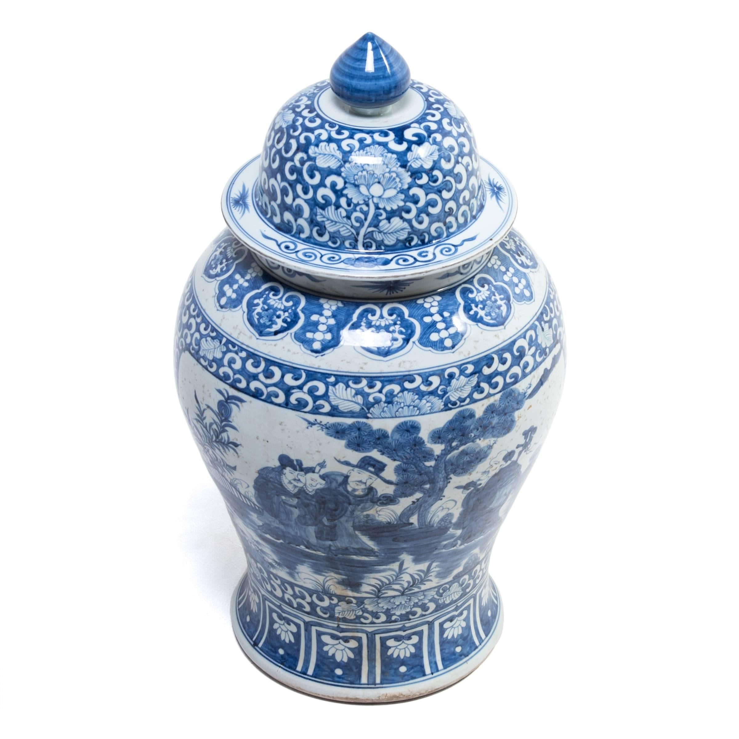 Ceramic Blue and White Ginger Jar with Scholars in a Garden Portraits