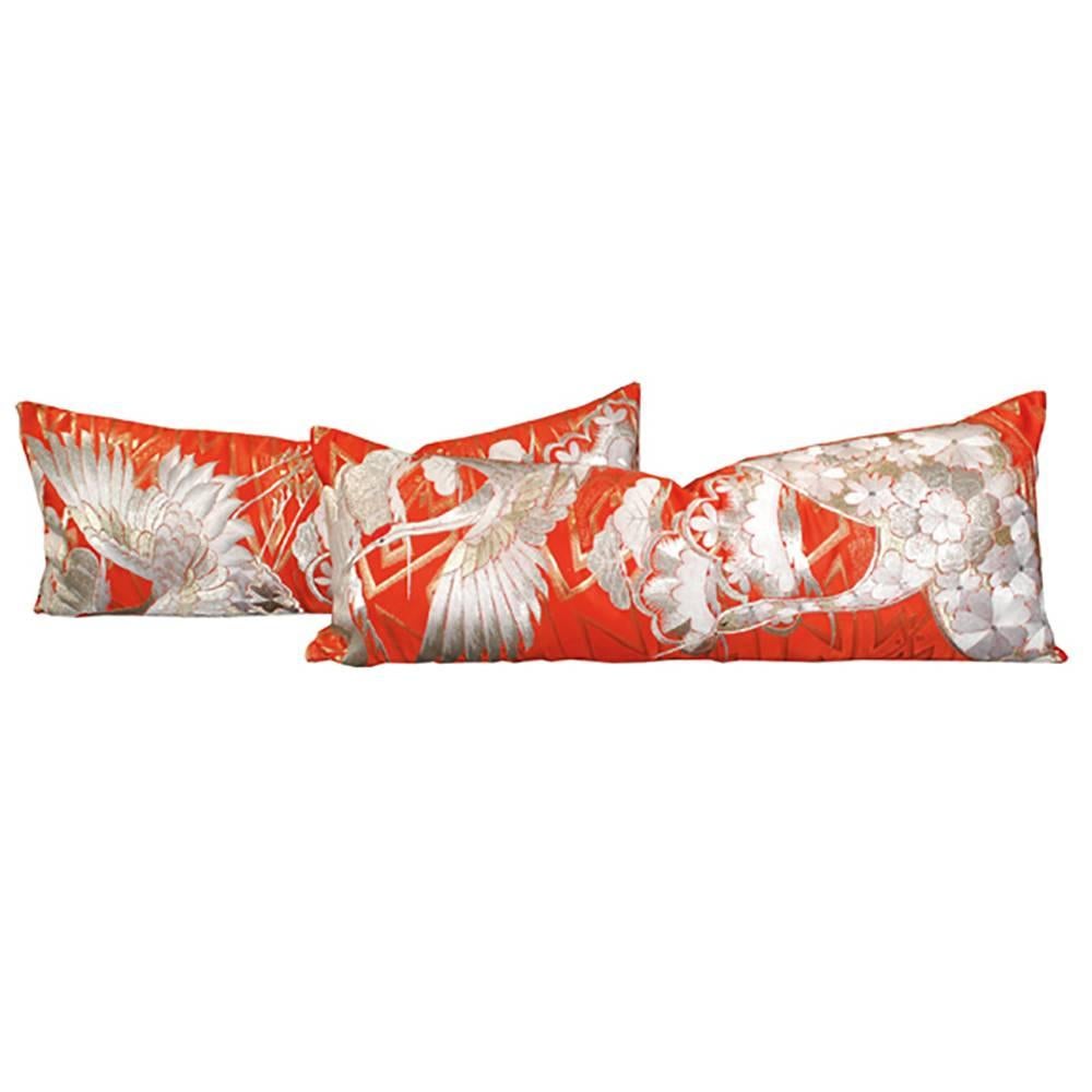 In traditional Japanese culture, the crane is a symbol of longevity and prosperity. Stitched on this wedding kimono fabric they became a worn well-wish for the couple. Reimagined as a pair of pillows, these aspirations are passed on to any room the
