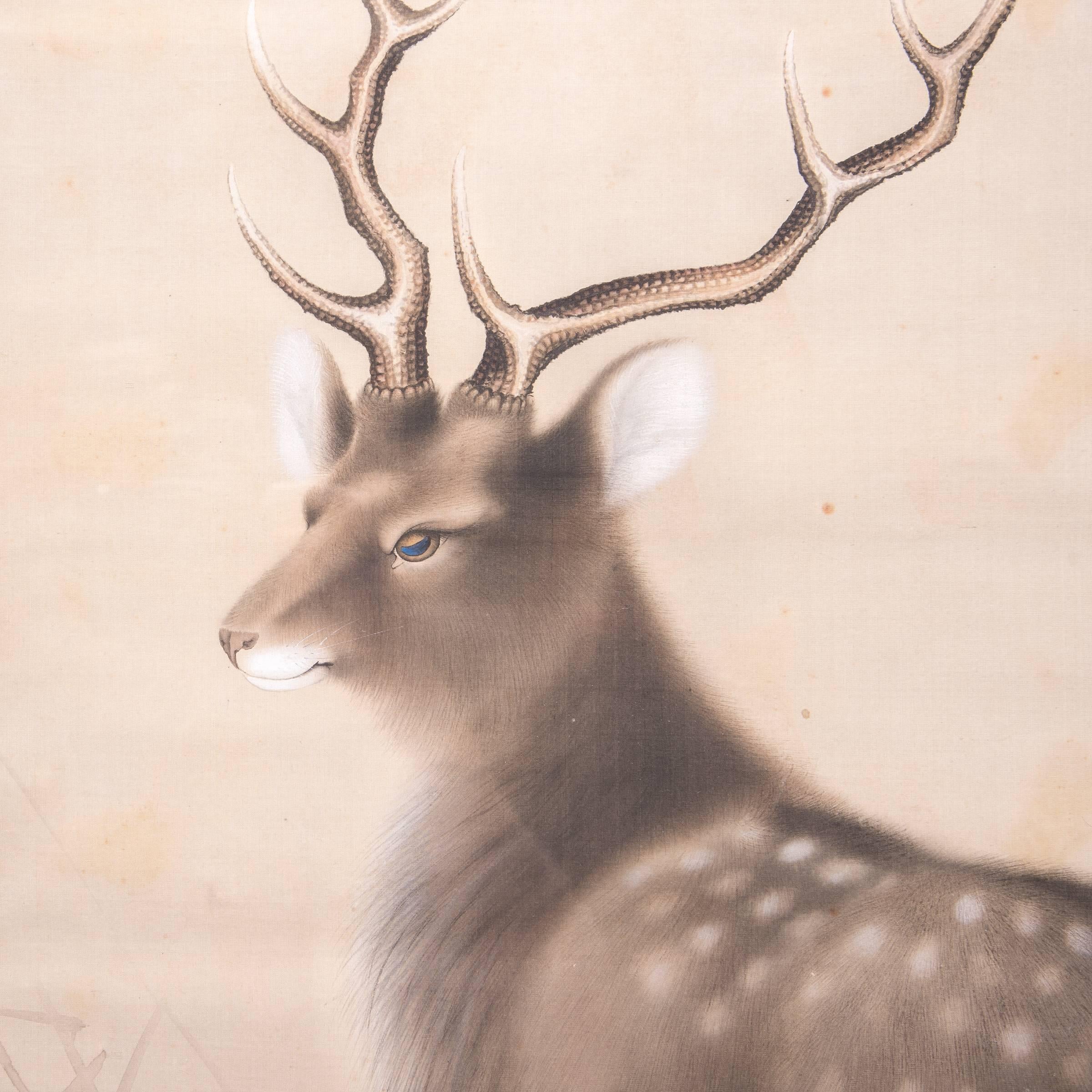 Chinese scholars used natural imagery and scenery to aid in contemplation within the walls of their studios. The inherent meaning carried by animals and natural forms inspired clear and concise thinking. In the case of this scroll, the deer is