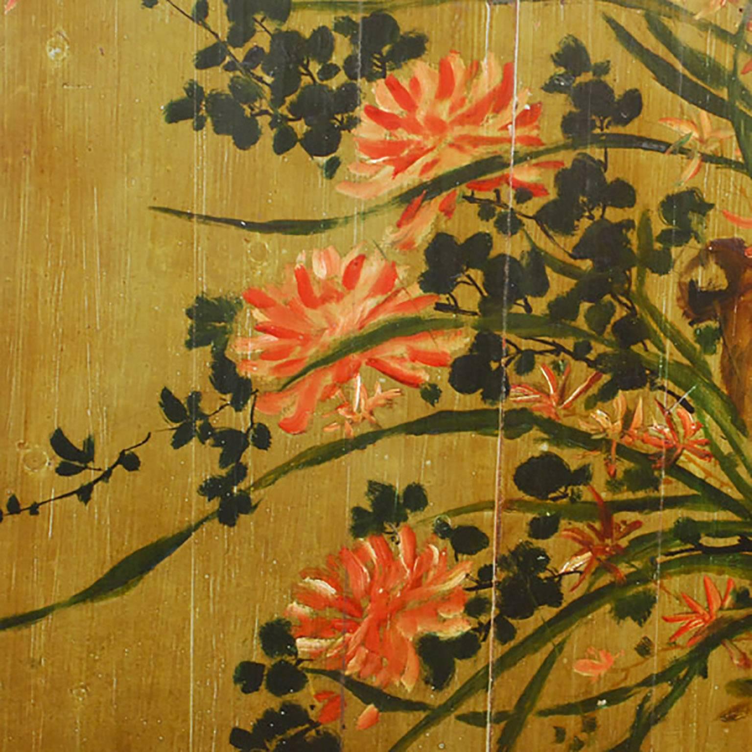 20th Century Chinese Painted Bed Panel with Swallow and Botanicals In Excellent Condition In Chicago, IL