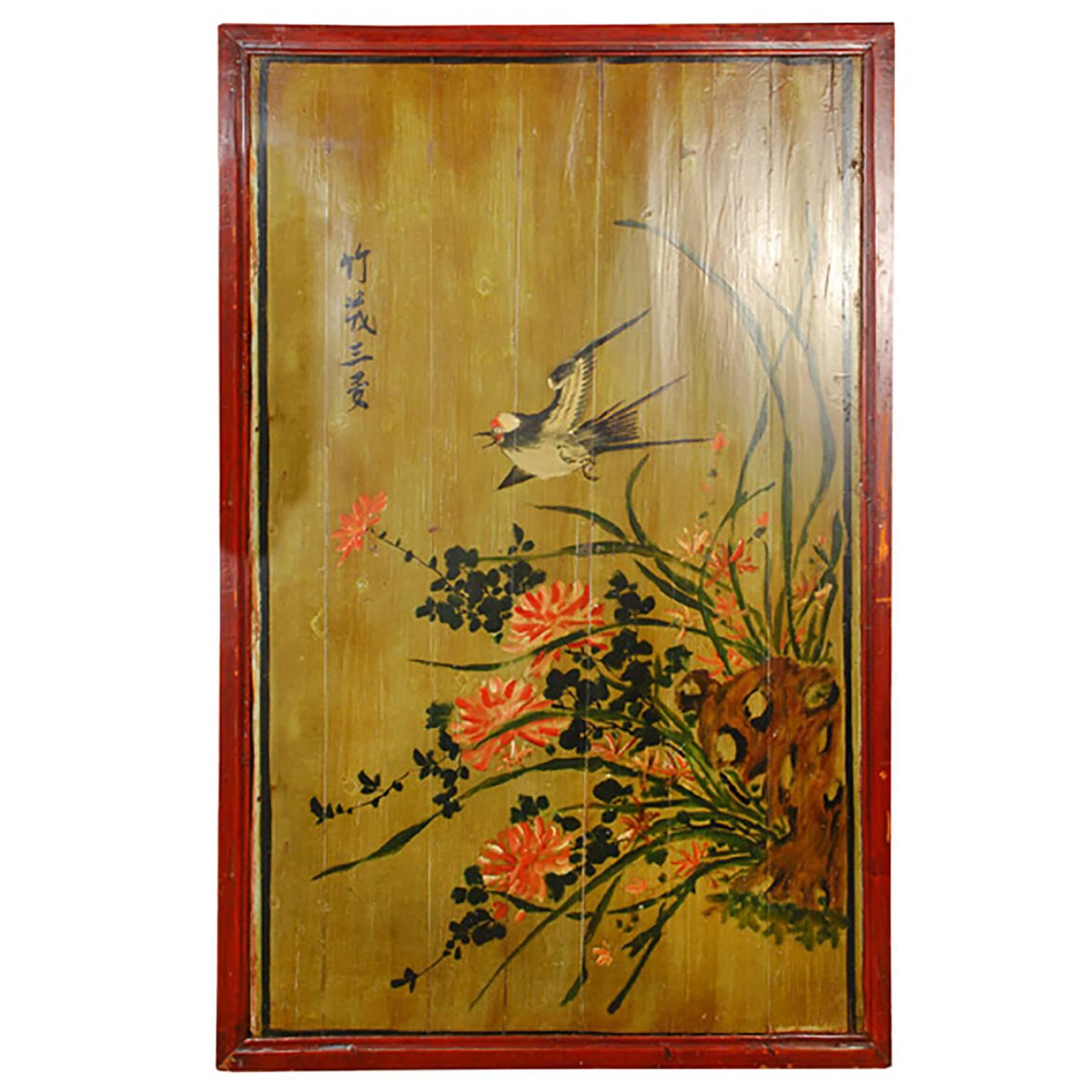 20th Century Chinese Painted Bed Panel with Swallow and Botanicals