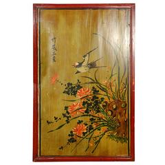 20th Century Chinese Painted Bed Panel with Swallow and Botanicals