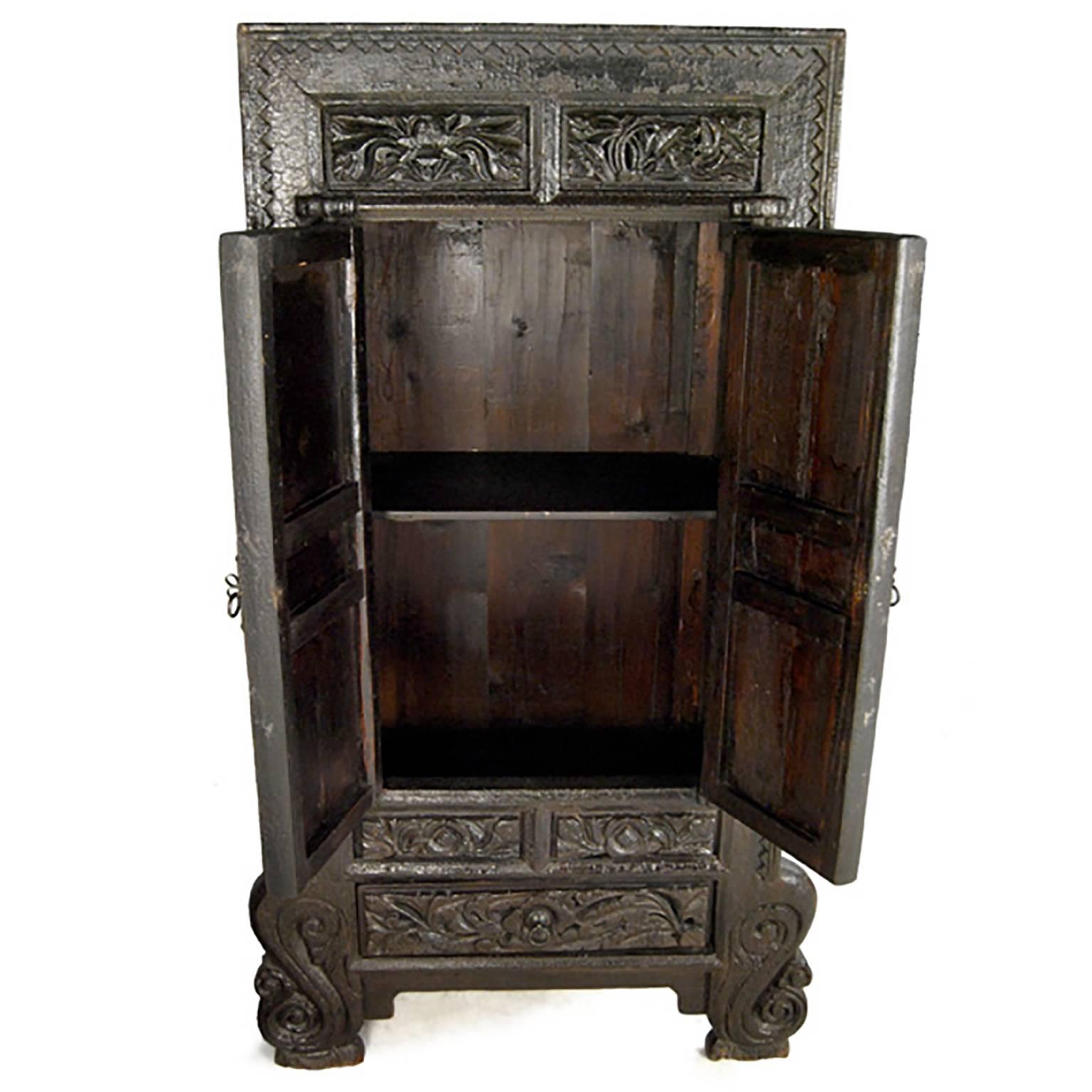 These cabinets were made over 150 year ago in China’s Shanxi Province and are in remarkable condition. They have mitered mortise and tenon frames, the Elmwood has a rich luster, and floating panels carved in beautiful detail. The cabriole legs are
