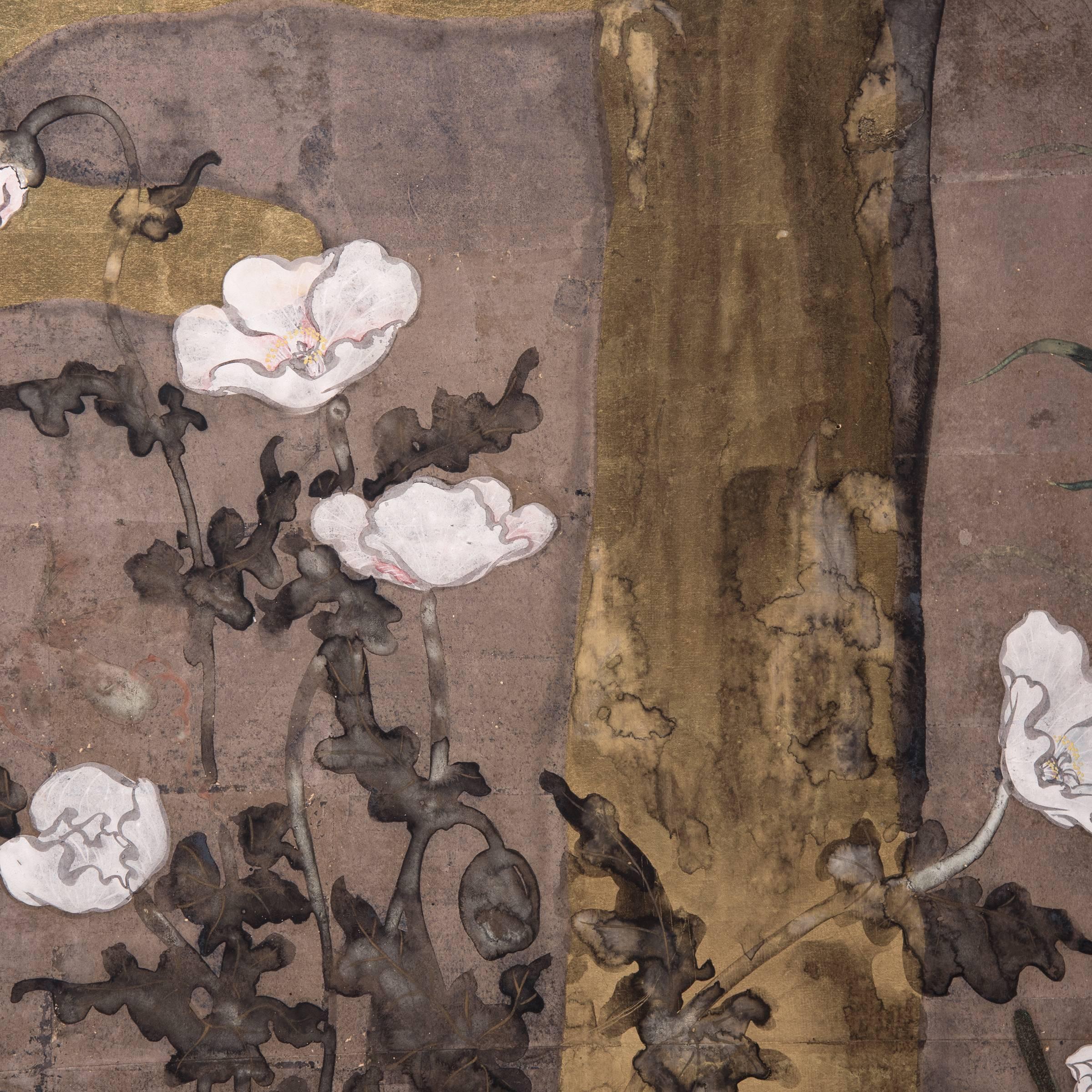 Originally used to define living spaces and block drafts, Japanese screens also provided artists with a large surface for paintings. Secured by paper hinges, the panels present a seamless surface for continuous compositions such as this beautifully