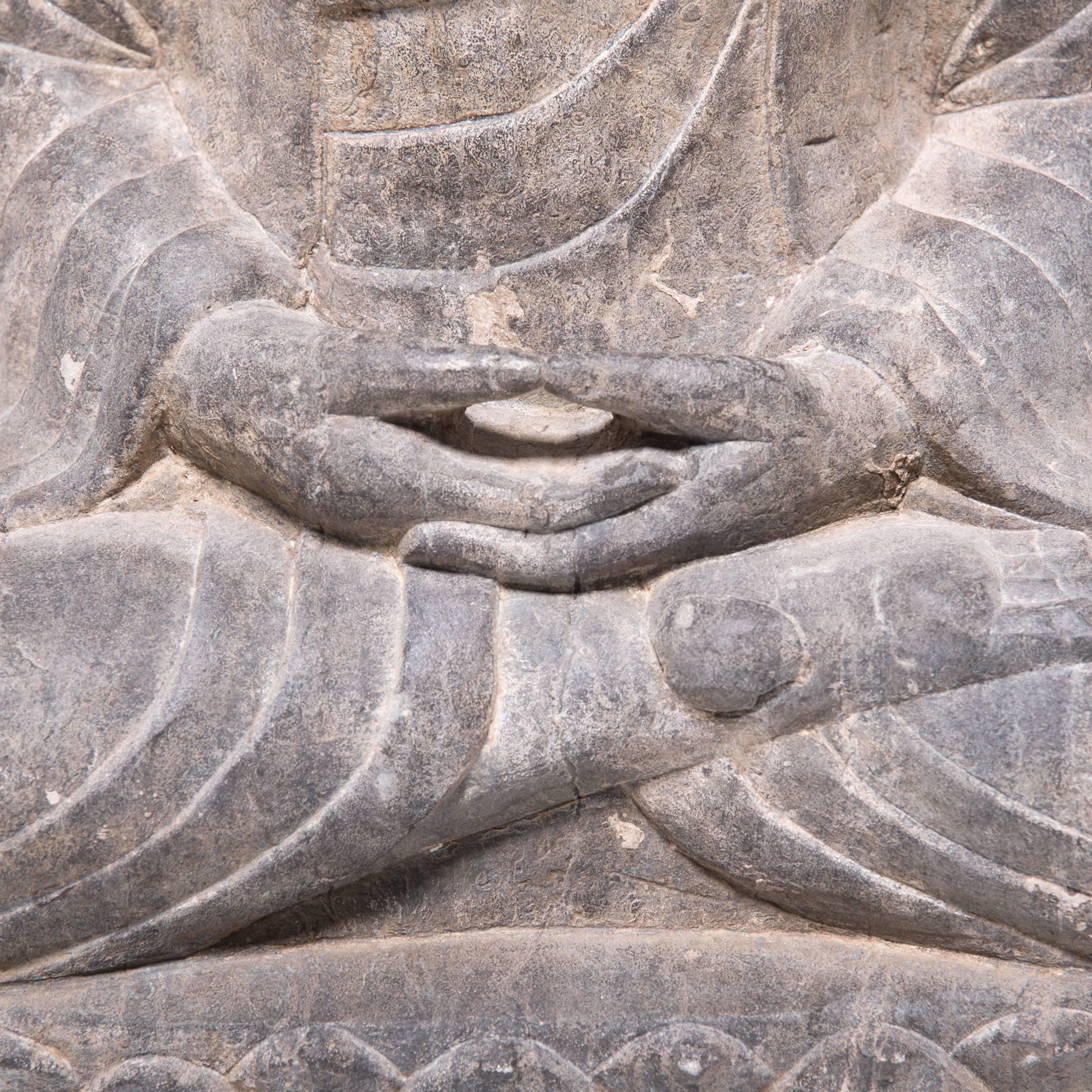 Limestone Early 20th Century Peaceful Lotus Buddha