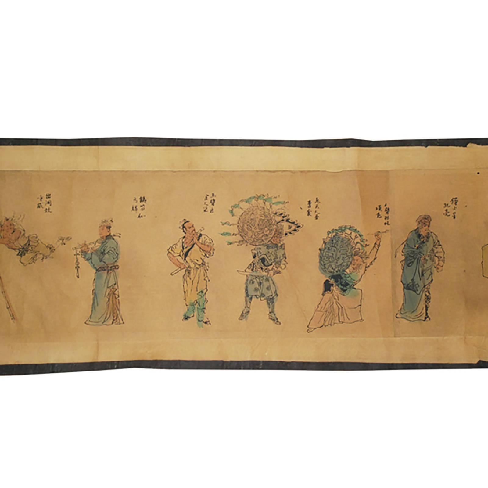 This early 20th century printed and hand-colored hand scroll portrays one third of the 108 heroes from Water Margin, sometimes also know as Outlaws of the Marsh by Shi Nai'an, one of China's four great classical novels. The story takes place during