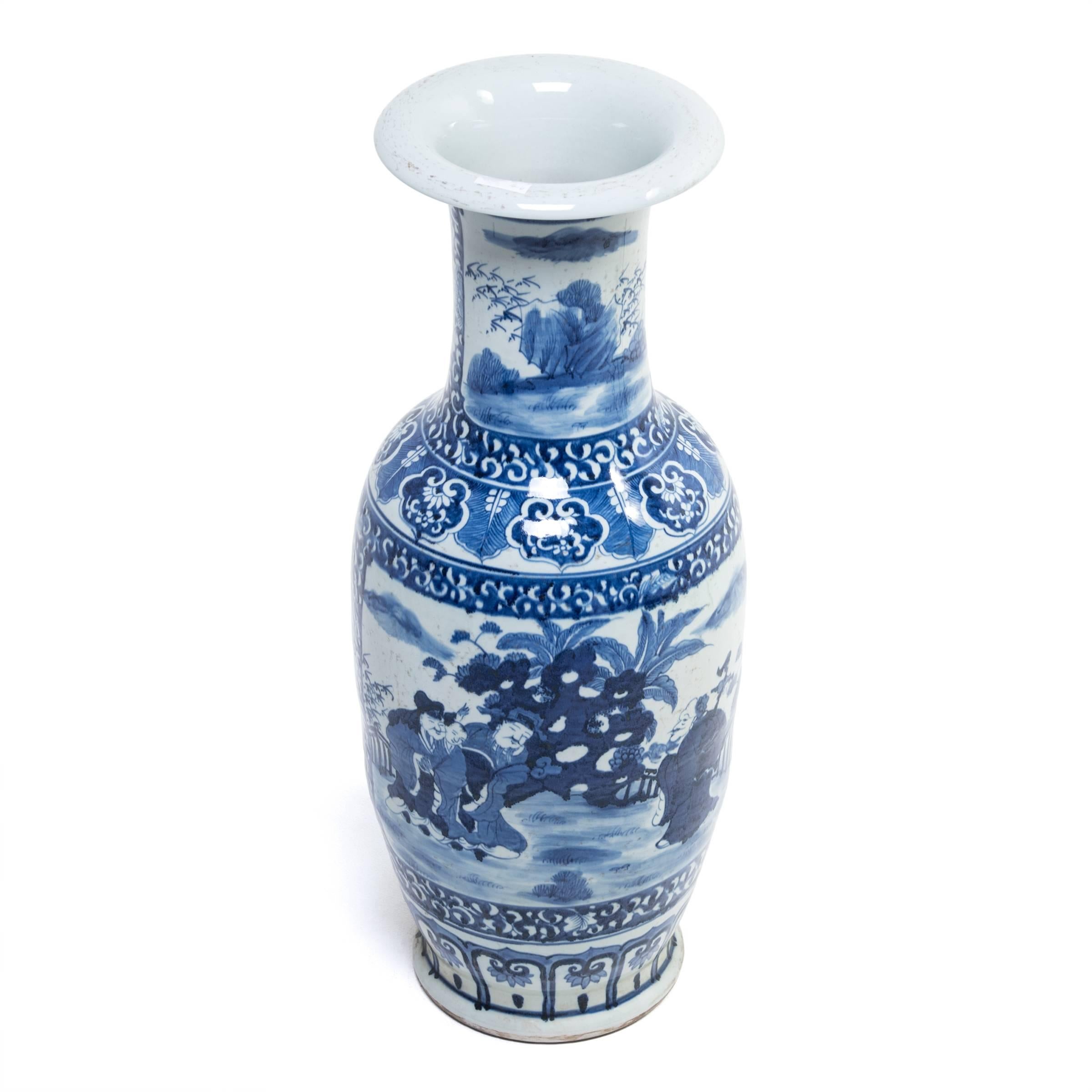 Contemporary Chinese Blue and White Scholar's Garden Fantail Vase