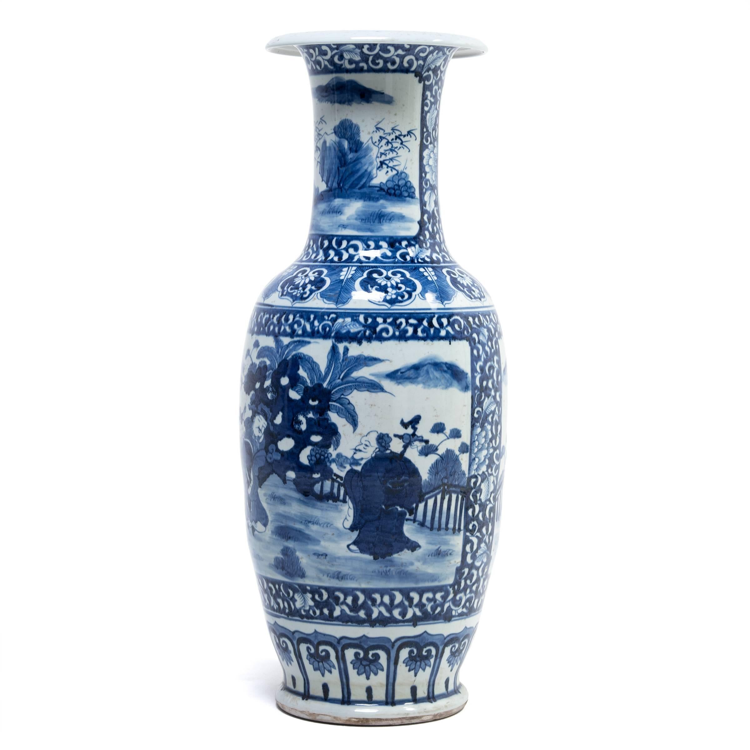 Chinese blue-and-white ceramics have inspired ceramists worldwide since cobalt was first introduced to China from the Middle East thousands of years ago. This contemporary vase from Jiangxi province assumes a traditional curved shape emulating the