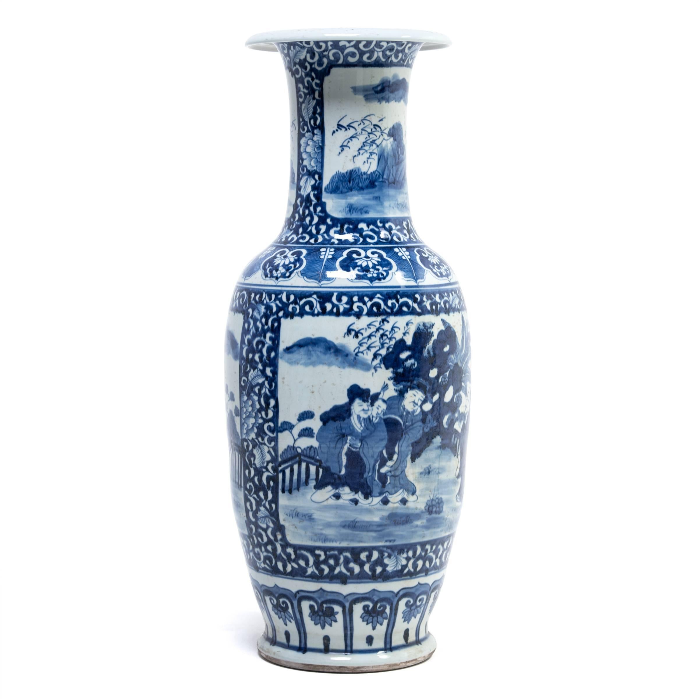 Glazed Chinese Blue and White Scholar's Garden Fantail Vase