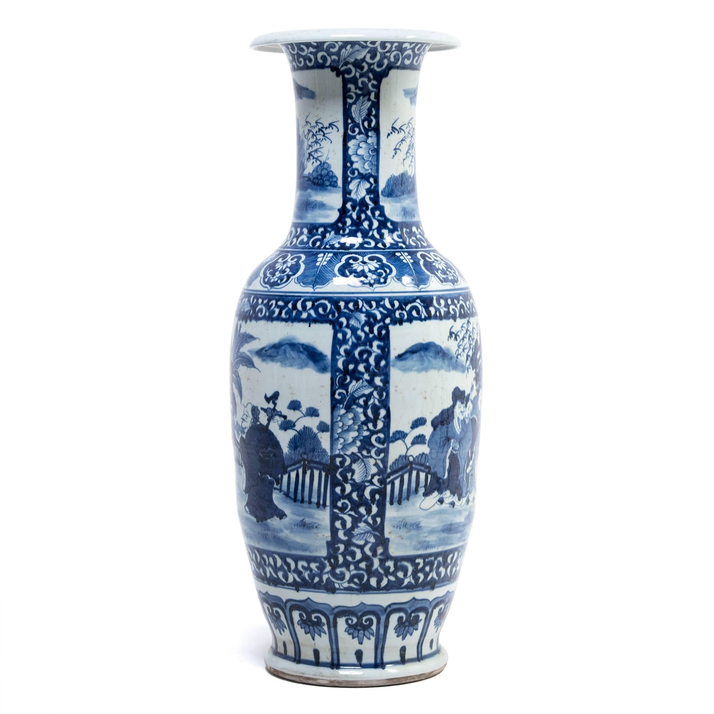 Chinese Blue and White Scholar's Garden Fantail Vase In Excellent Condition In Chicago, IL