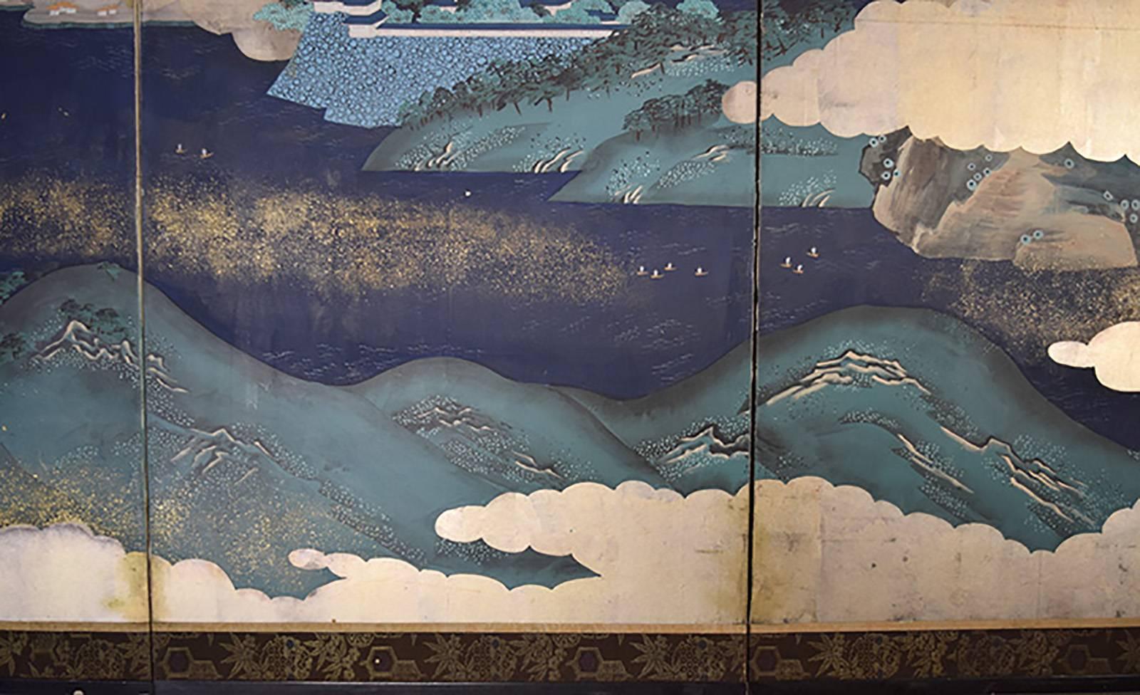 Originally used to define living spaces and block drafts, Japanese screens also provided artists with a large surface for paintings. Secured by paper hinges, the panels present a seamless surface for continuous compositions such as this beautifully