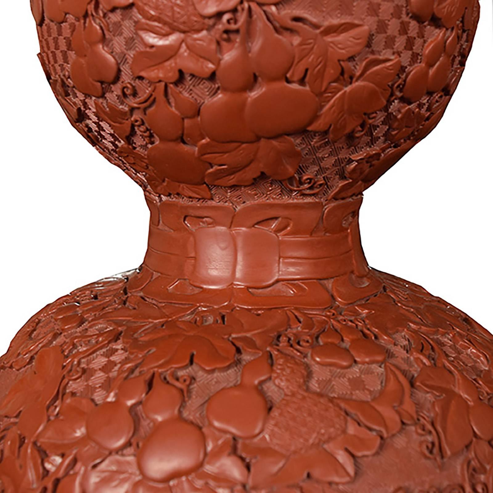 Hand-Carved Pair of Chinese Cinnabar Double Gourd Vases