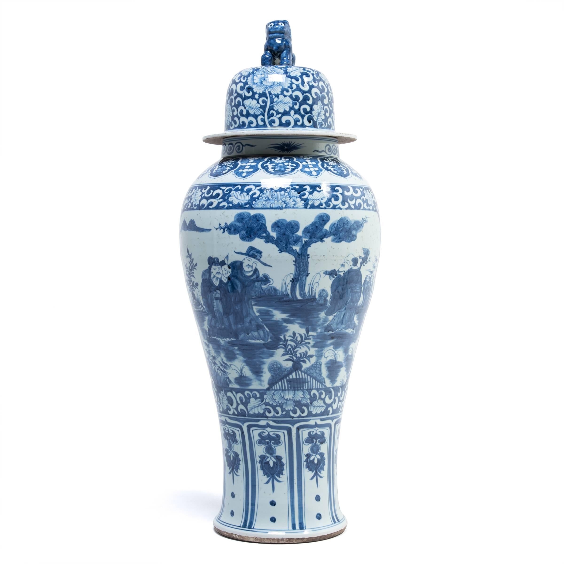 Chinese Blue and White Ginger Jar with Shizi and Landscape Portraits In Excellent Condition In Chicago, IL