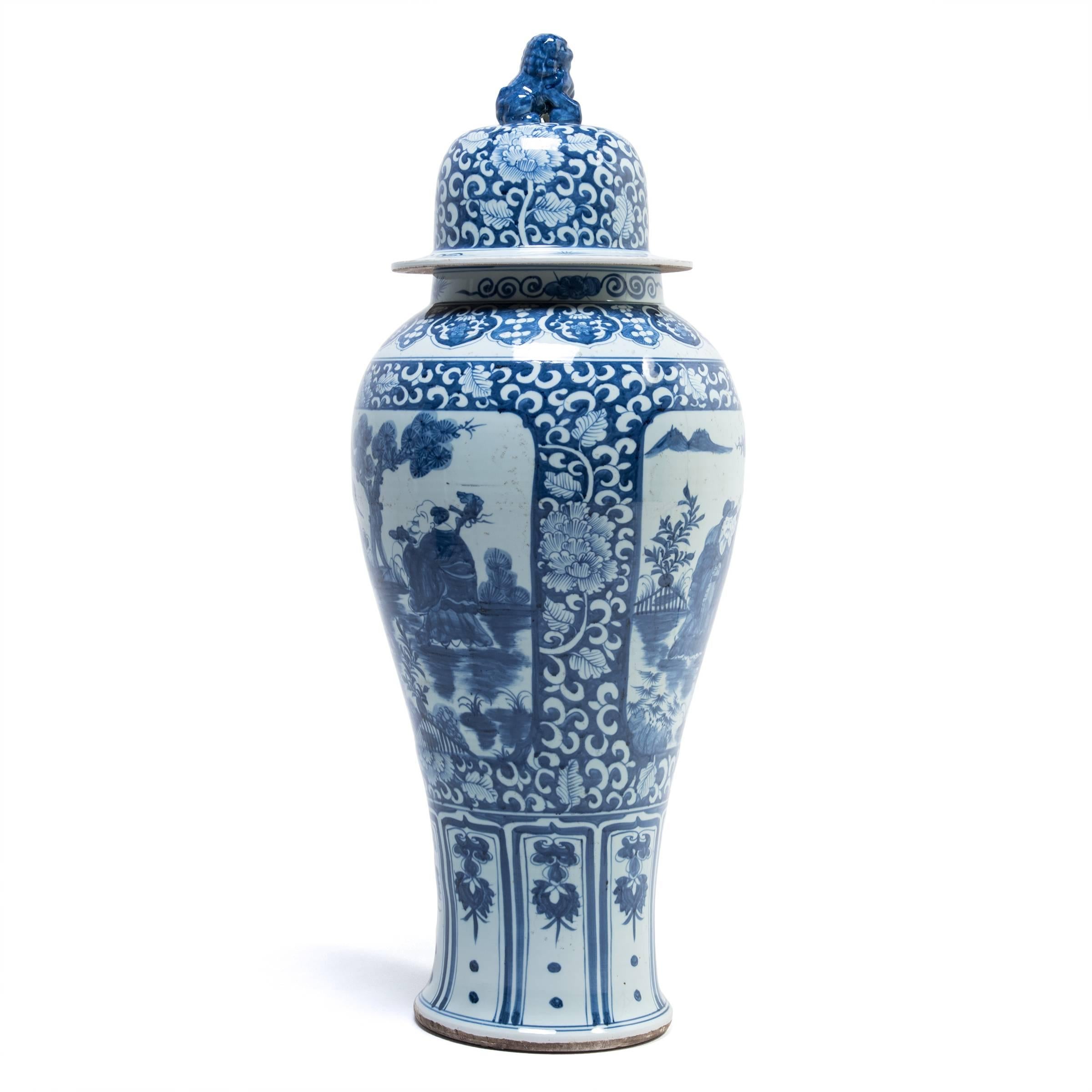 Glazed Chinese Blue and White Ginger Jar with Shizi and Landscape Portraits