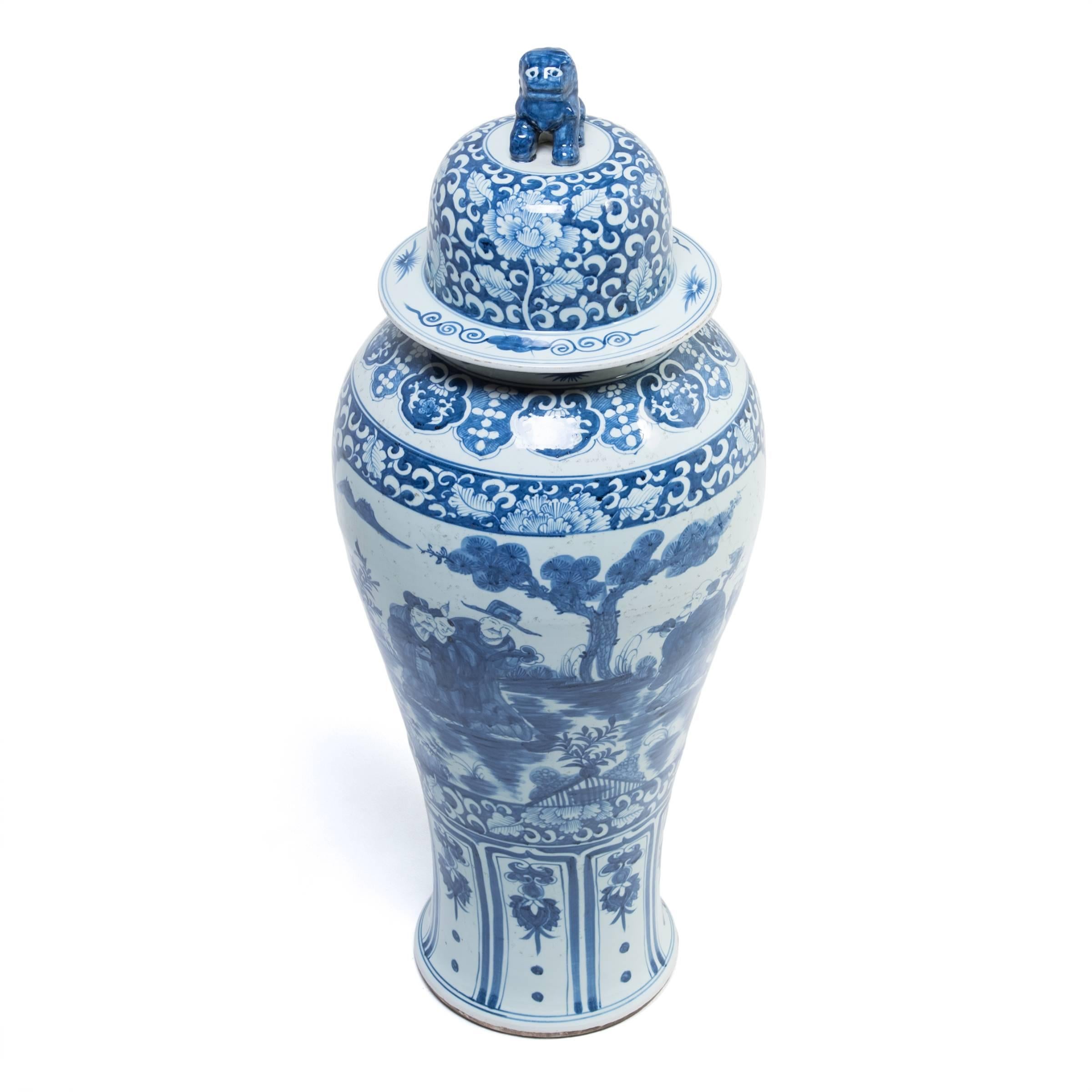 Contemporary Chinese Blue and White Ginger Jar with Shizi and Landscape Portraits