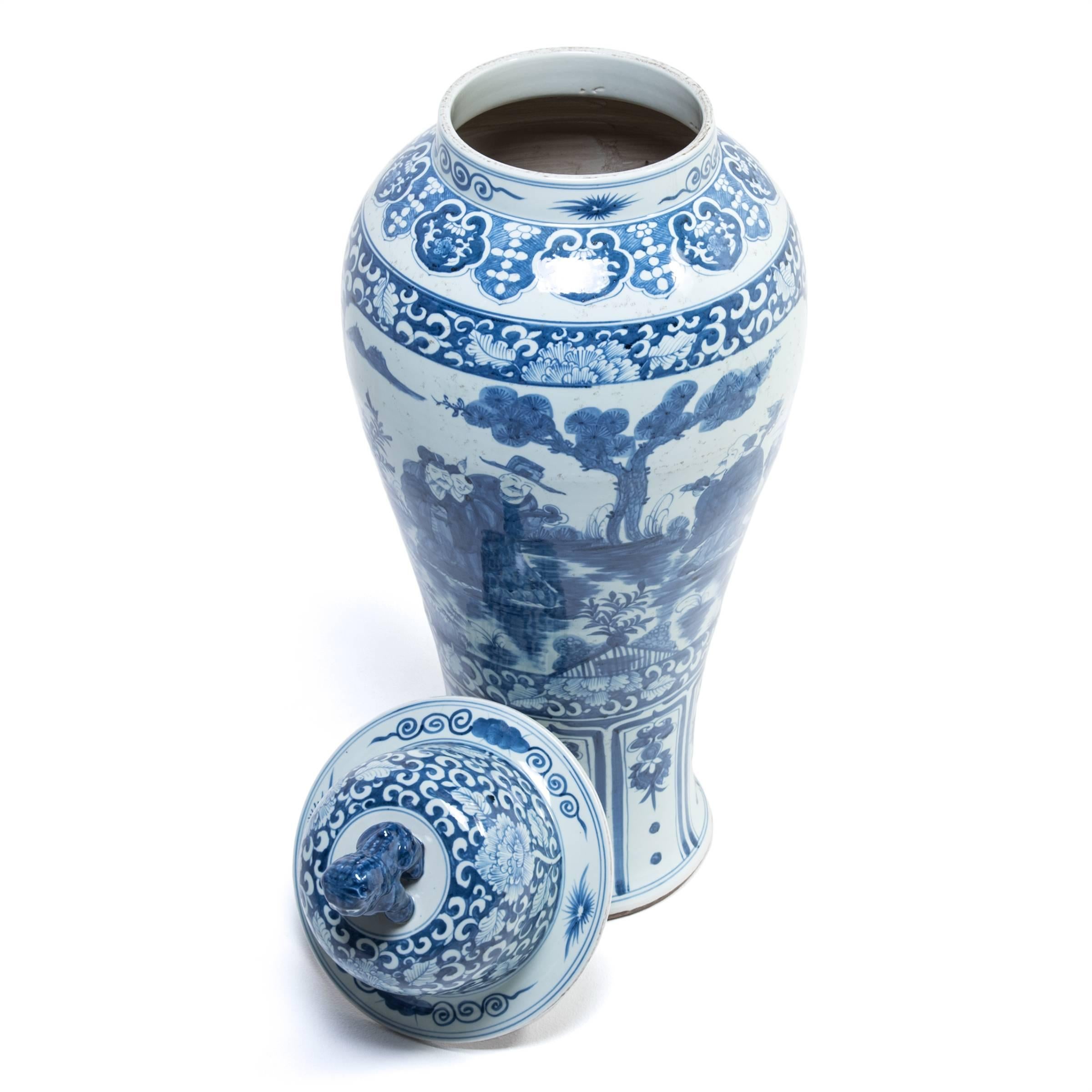Ceramic Chinese Blue and White Ginger Jar with Shizi and Landscape Portraits