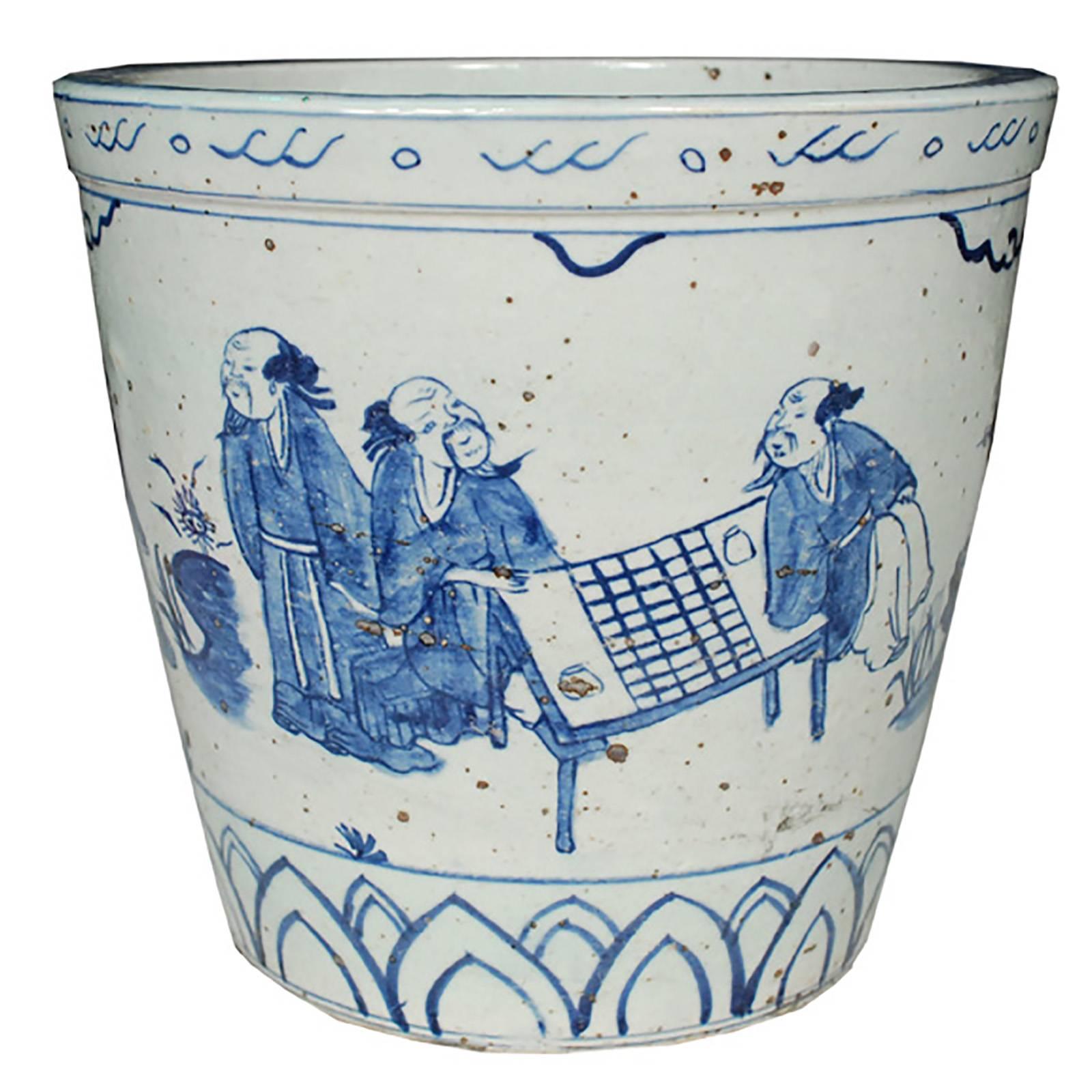 Painted Chinese Blue and White Scroll Pot with Yagi Scene