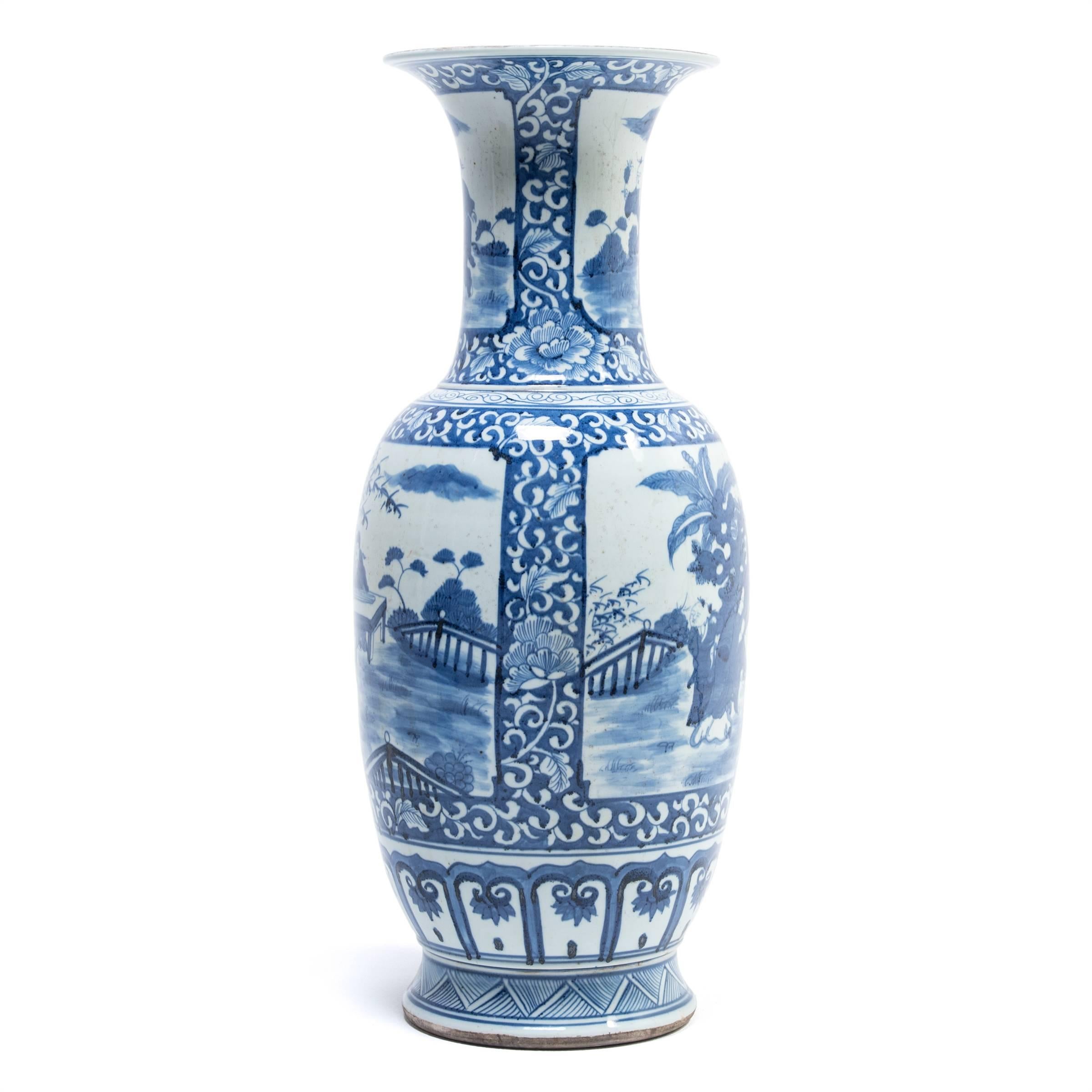 Chinese blue-and-white ceramics have inspired ceramists worldwide since cobalt was first introduced to China from the Middle East thousands of years ago. This contemporary vase from Jiangxi province takes a traditional curved shape emulating the