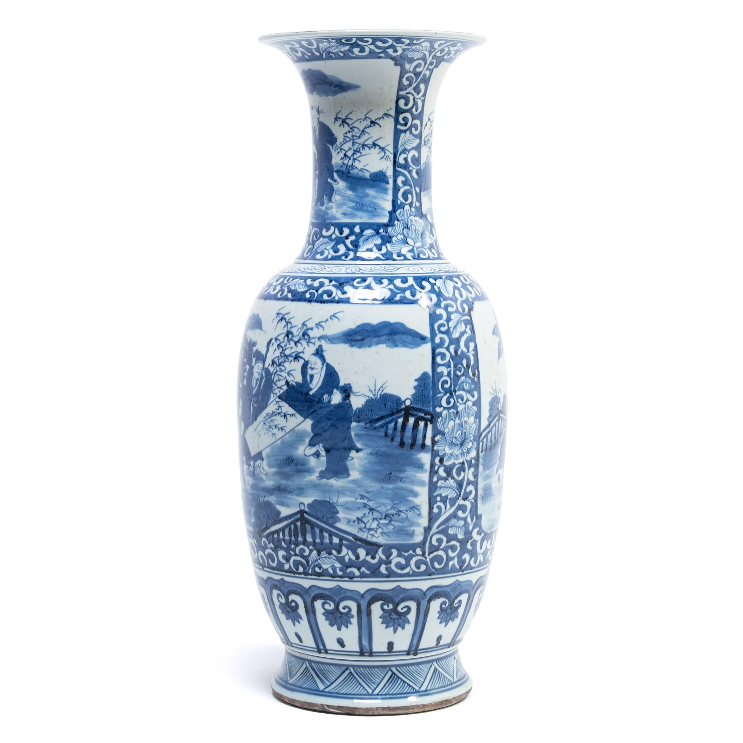 Glazed Chinese Blue and White Scholar's Garden Fantail Vase