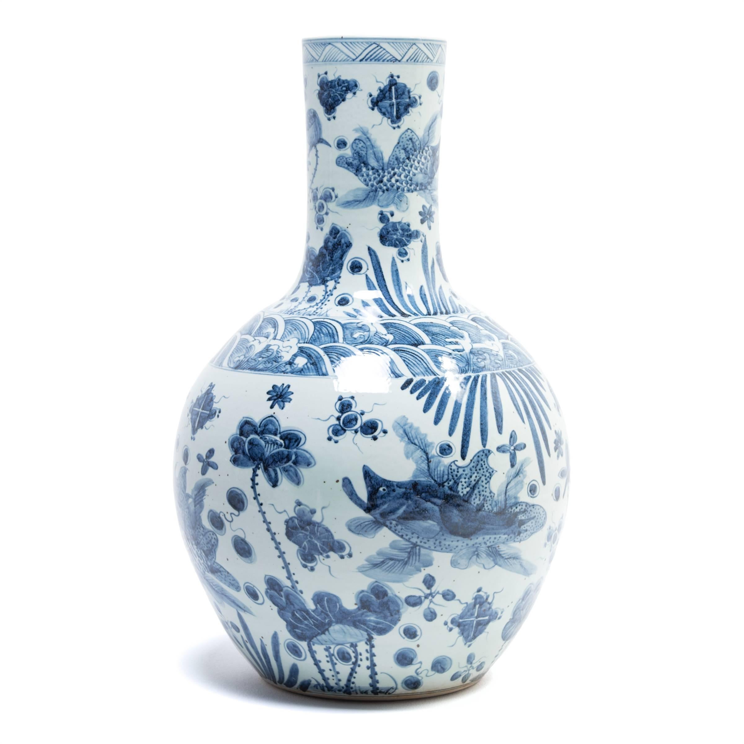 Chinese Export Chinese Blue and White Koi Bottleneck Vase For Sale