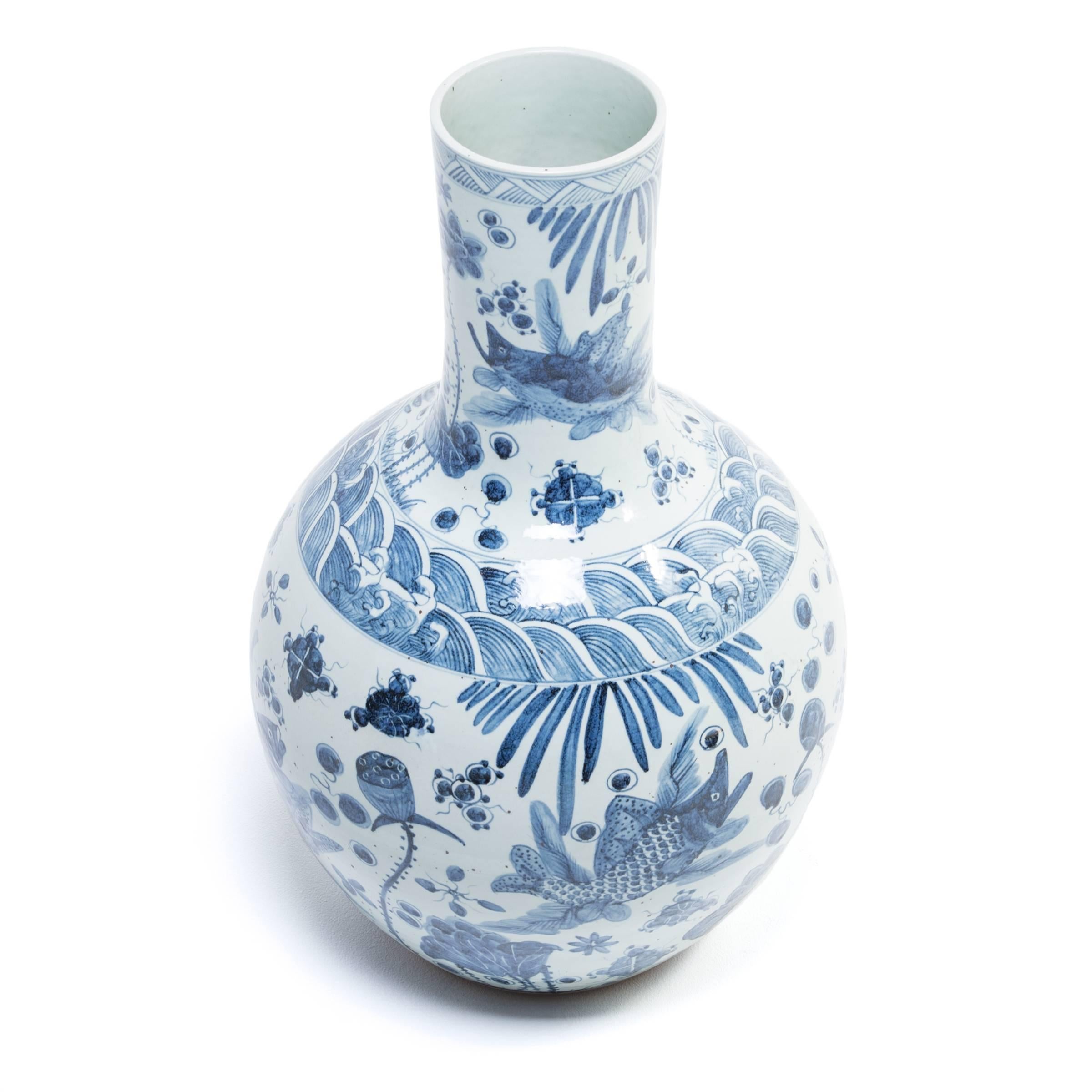 Glazed Chinese Blue and White Koi Bottleneck Vase For Sale