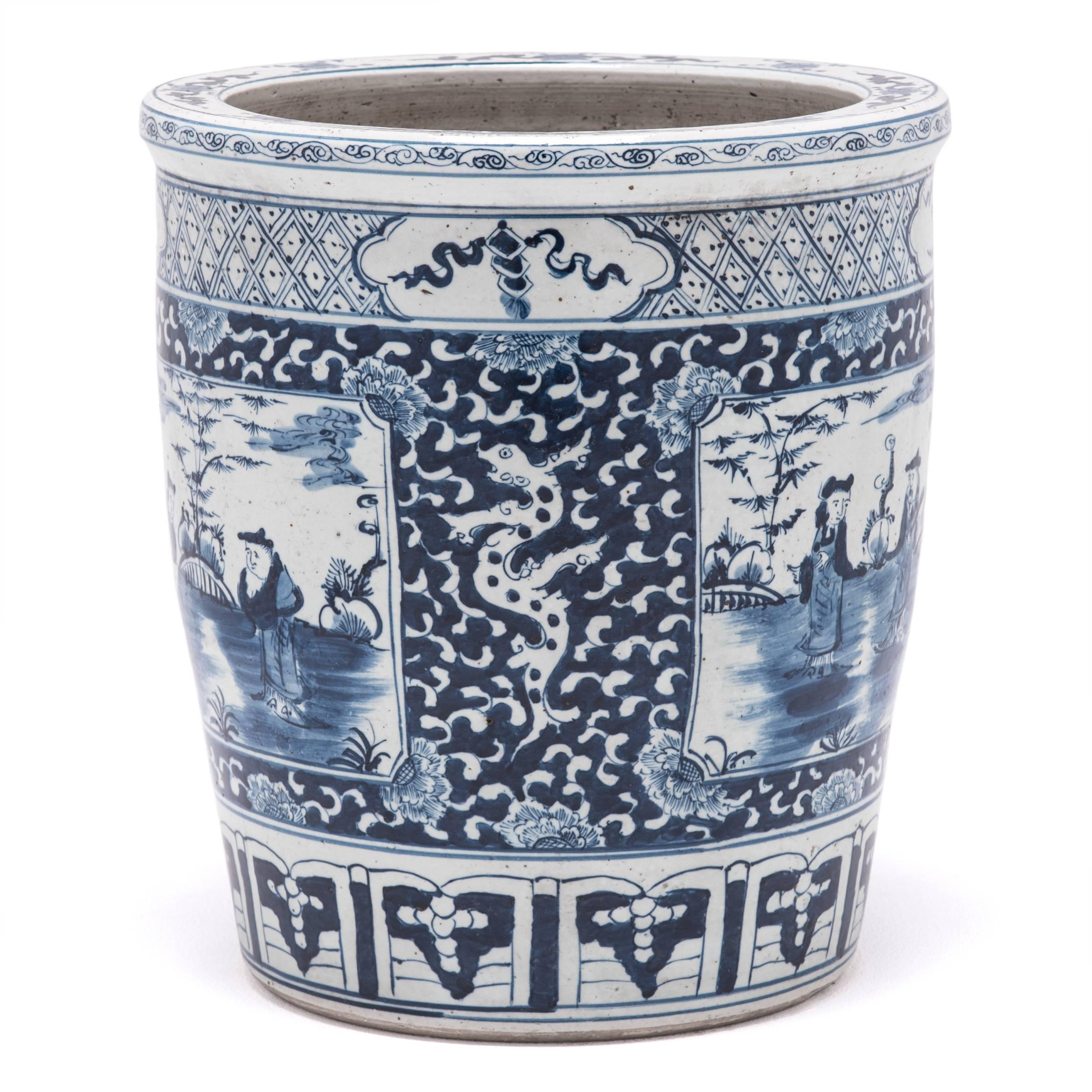 Made in 2015, this contemporary vase from Zhejiang province turns a fond eye to China’s esteemed blue-and-white porcelain tradition. Invoking the romance of the scholar’s studio, the vase is described as a scroll jar, which traditionally was used to