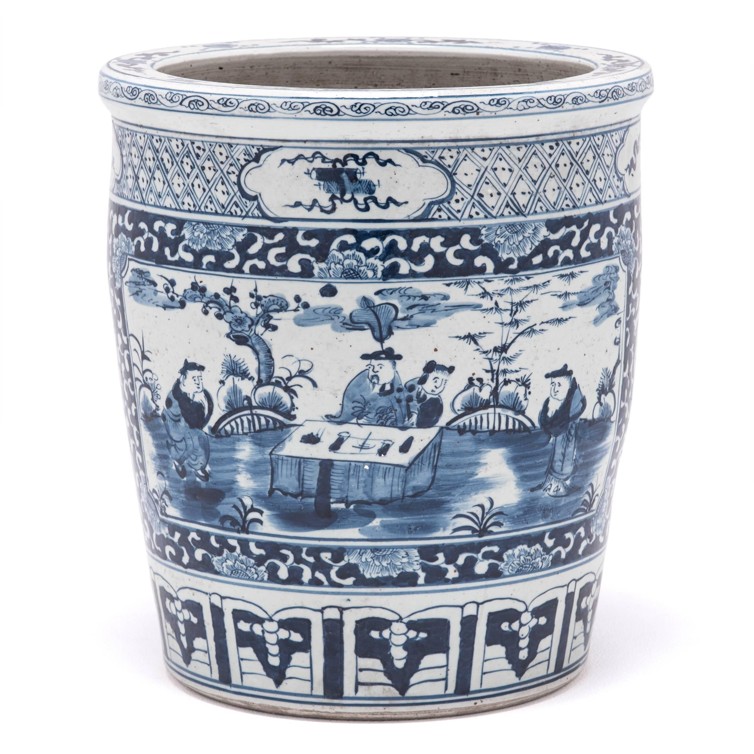 Glazed Chinese Blue and White Scholars' Scroll Jar