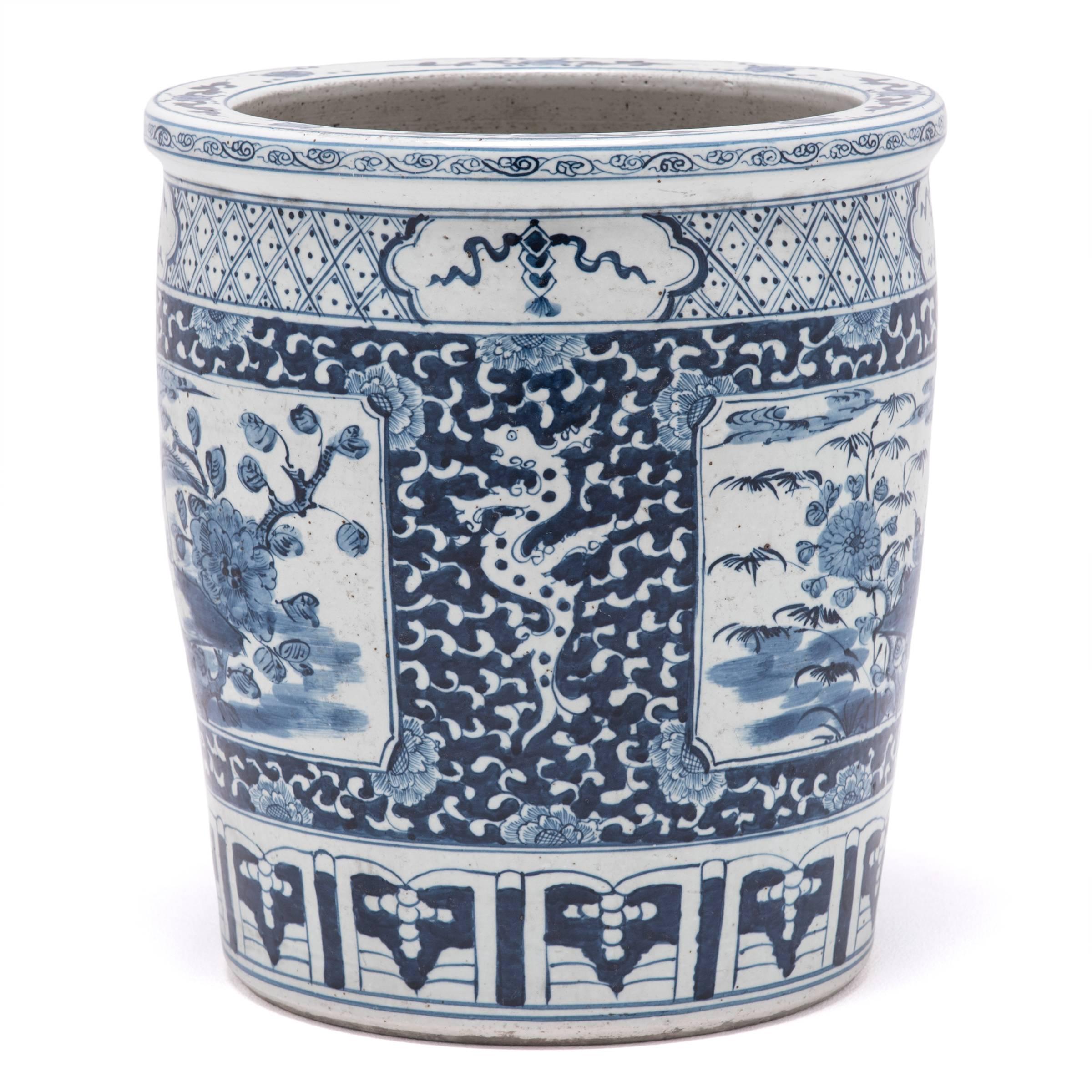 This contemporary vase from Zhejiang province turns a fond eye to China’s esteemed blue-and-white porcelain tradition. Invoking the romance of the scholar’s studio, the vase is described as a scroll jar, which traditionally was used to hold a