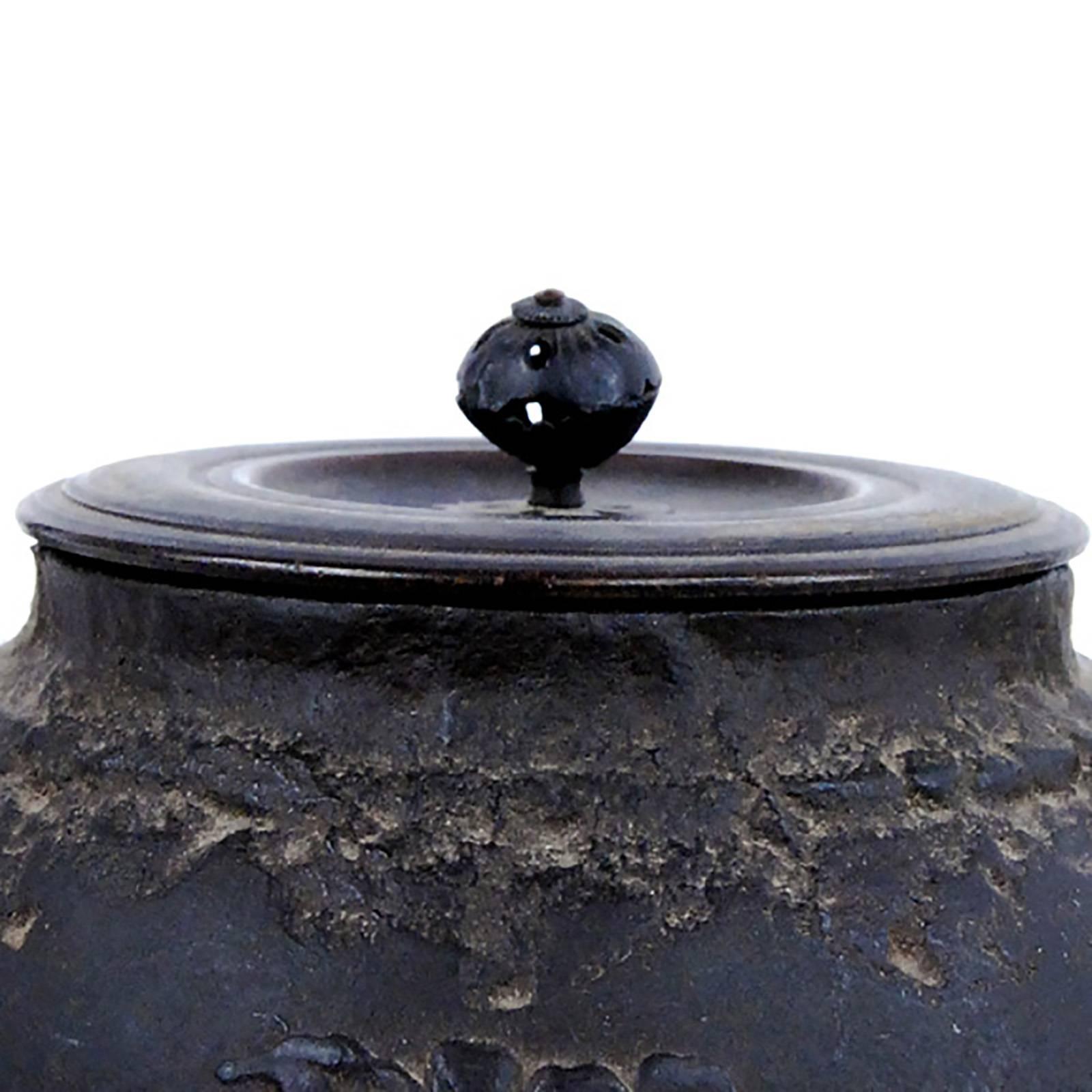 Decorated with flowering blossoms and fruit of the peach tree, this Japanese teapot was used to boil water for traditional tea ceremonies. Known as tetsubin, the kettle’s cast-iron construction is said to change the quality of the water, making tea