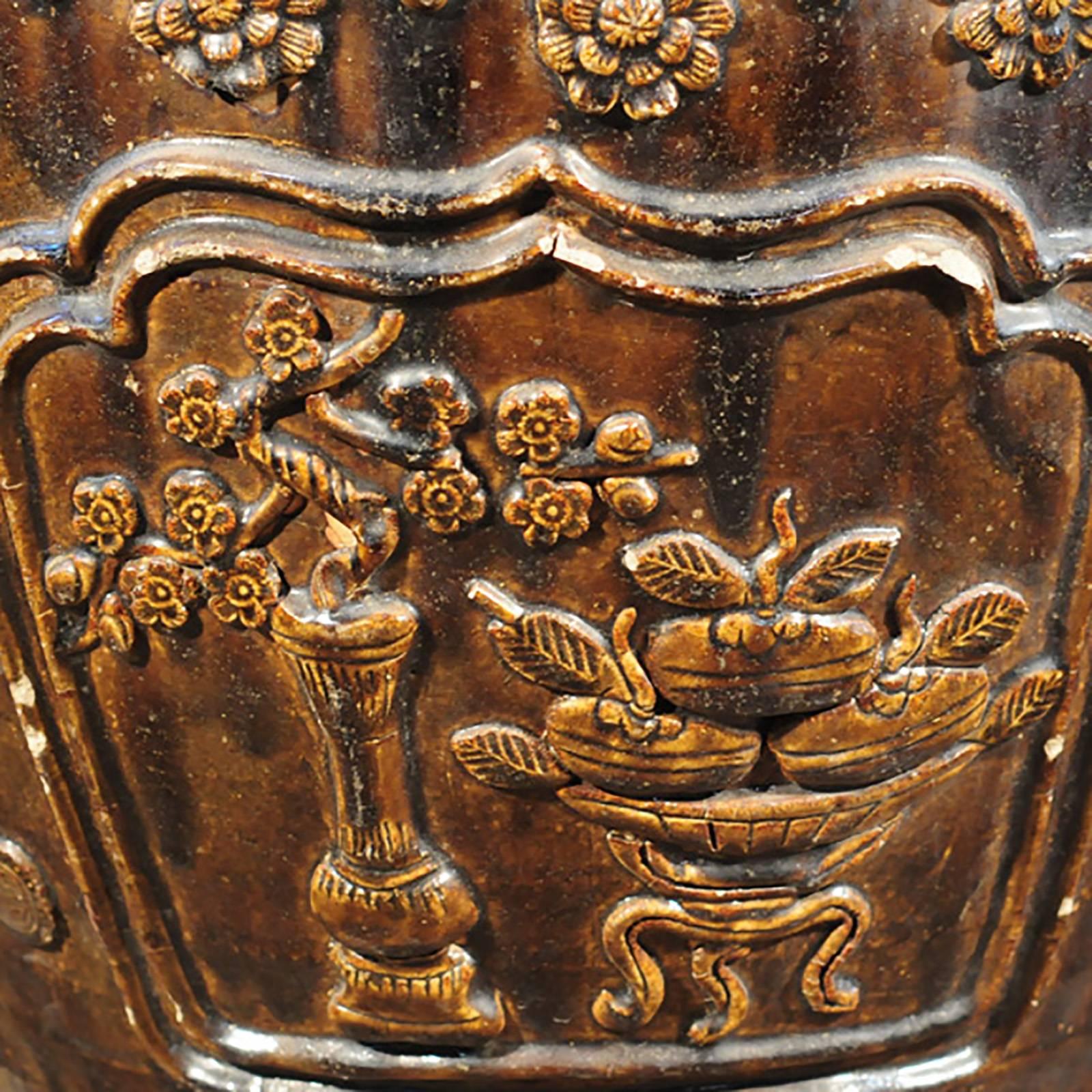 Glazed 20th Century Chinese Floral Relief Jar