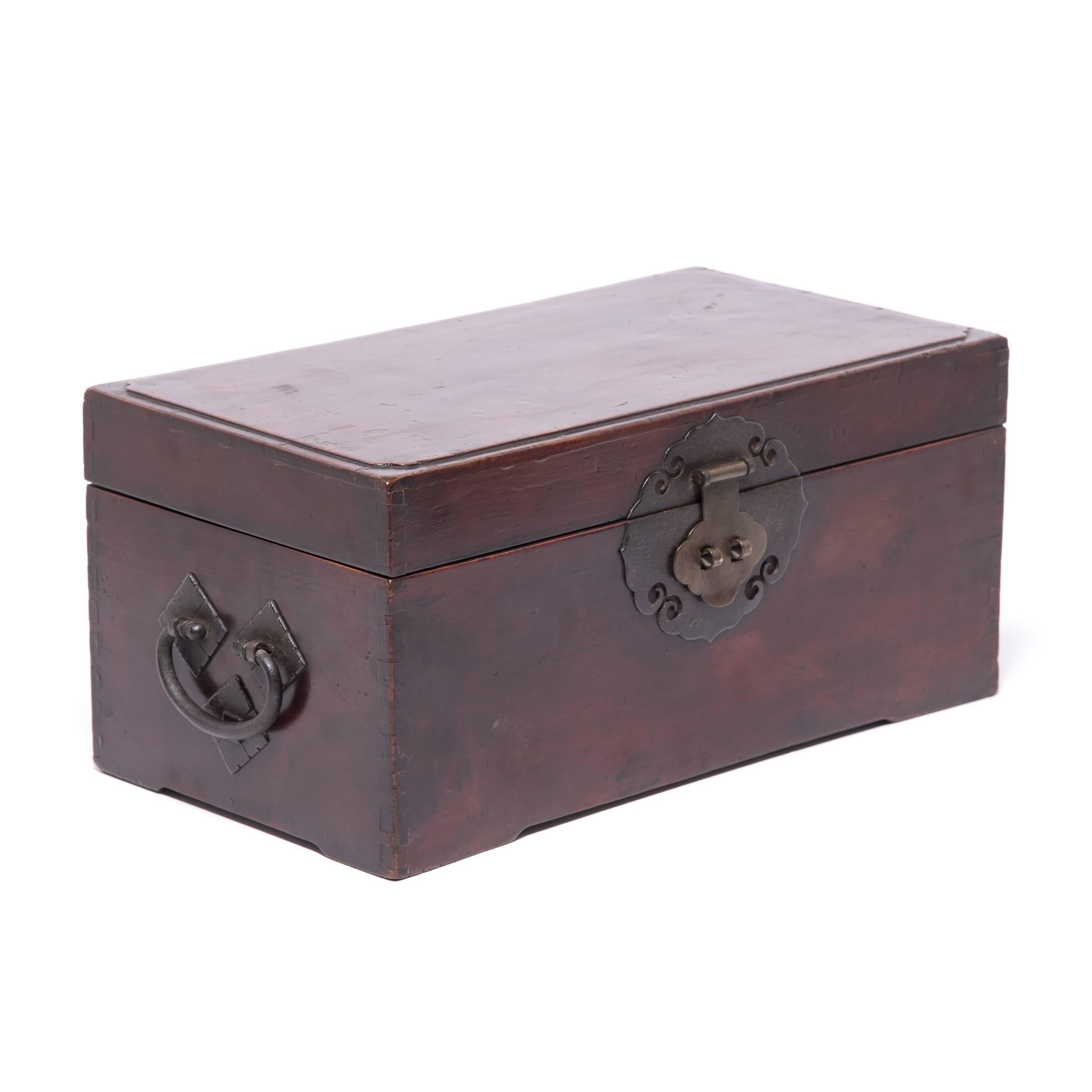 A special place to store jewelry, collected finds, love letters or even the everyday office supply, this lock box from Jiangsu province dates from circa 1850. Made of cedar, the box is lacquered in rich oxblood, a color known for its deep hues