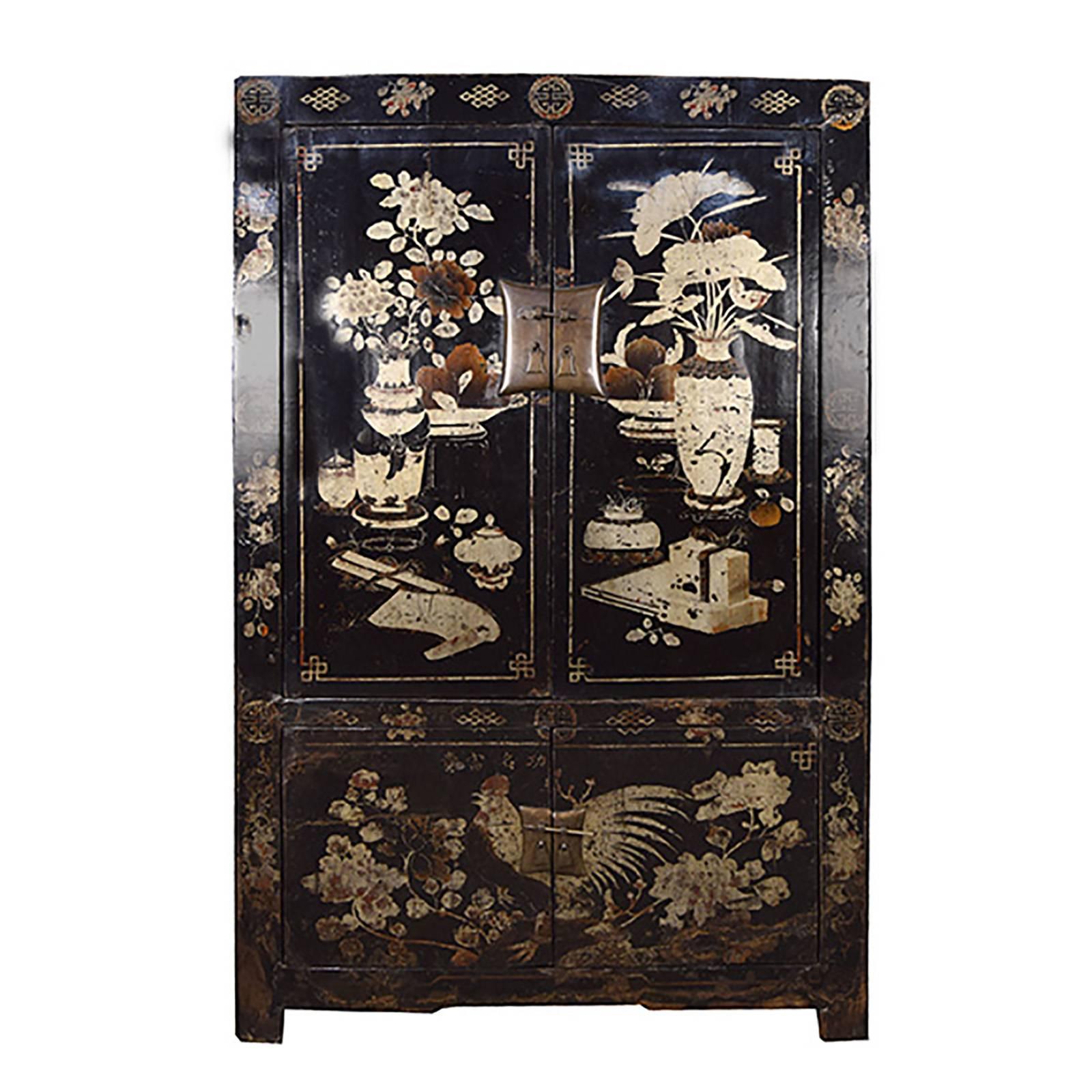 Chinese Four-Door Black Lacquer Rooster Scholars' Cabinet
