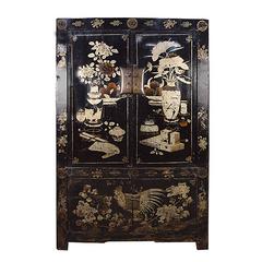 Antique Chinese Four-Door Black Lacquer Rooster Scholars' Cabinet