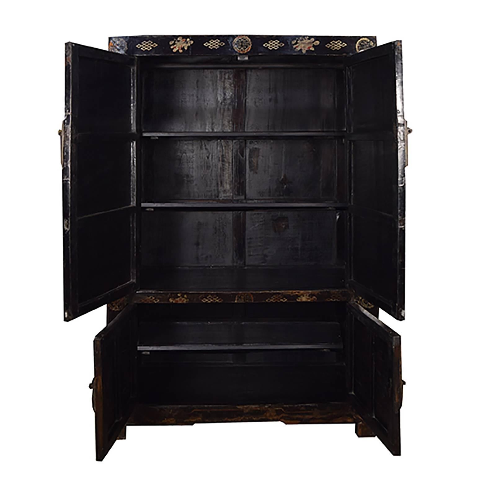 Lacquered Chinese Four-Door Black Lacquer Rooster Scholars' Cabinet