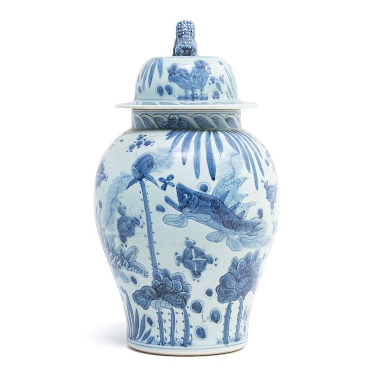 Monumental Chinese Blue and White Koi Ginger Jar at 1stdibs