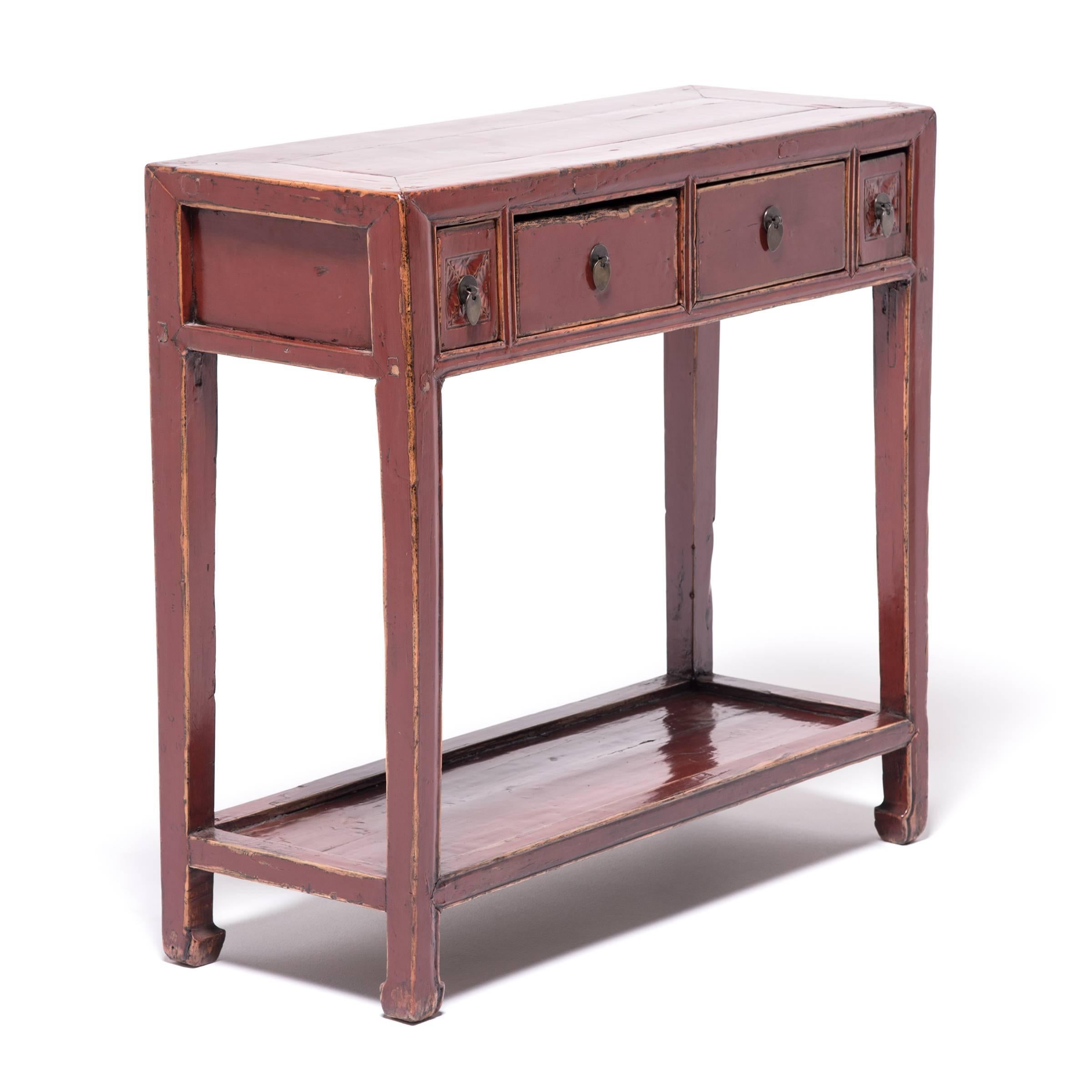 Lacquered Four-Drawer Chinese Red Lacquer Table with Shelf