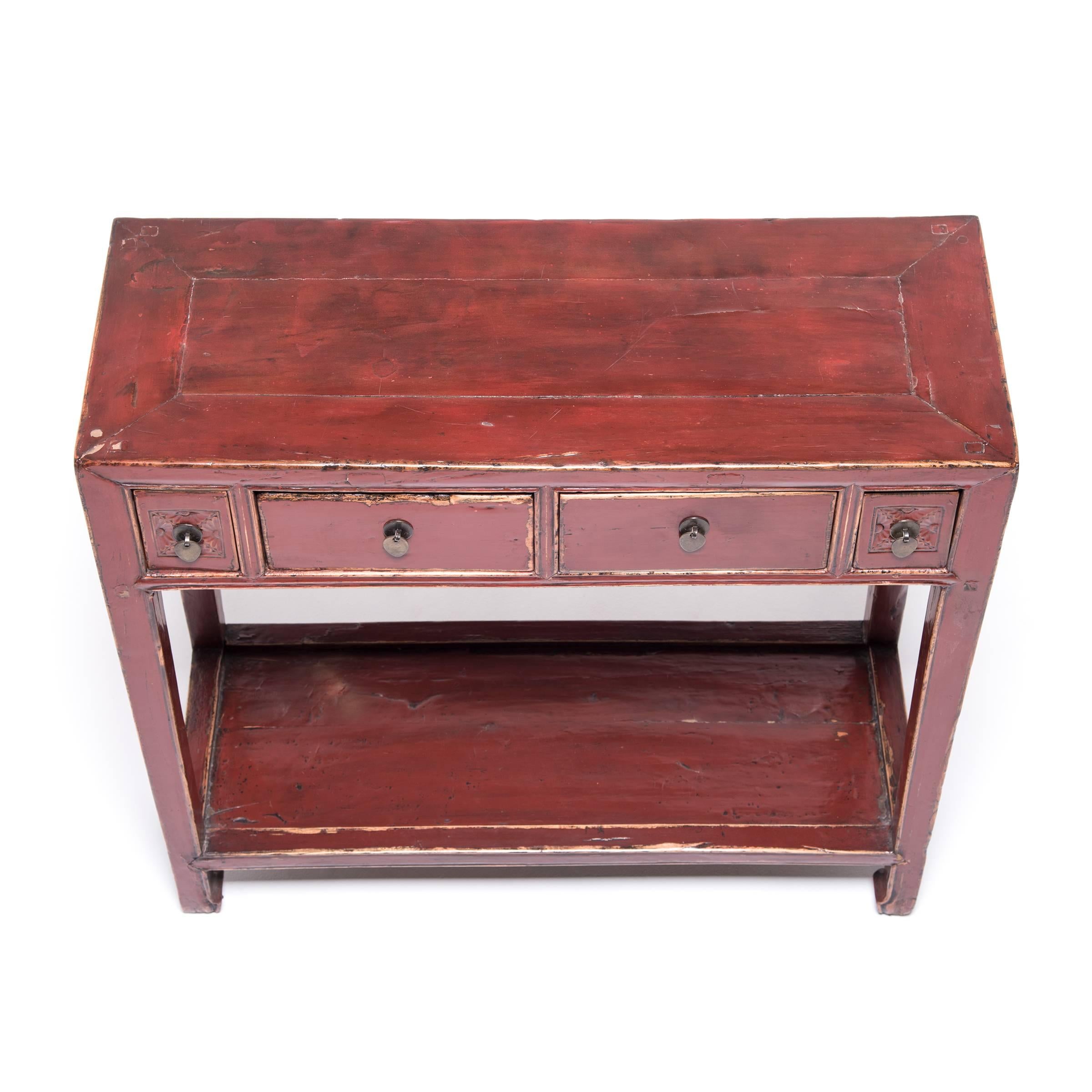 Four-Drawer Chinese Red Lacquer Table with Shelf In Good Condition In Chicago, IL