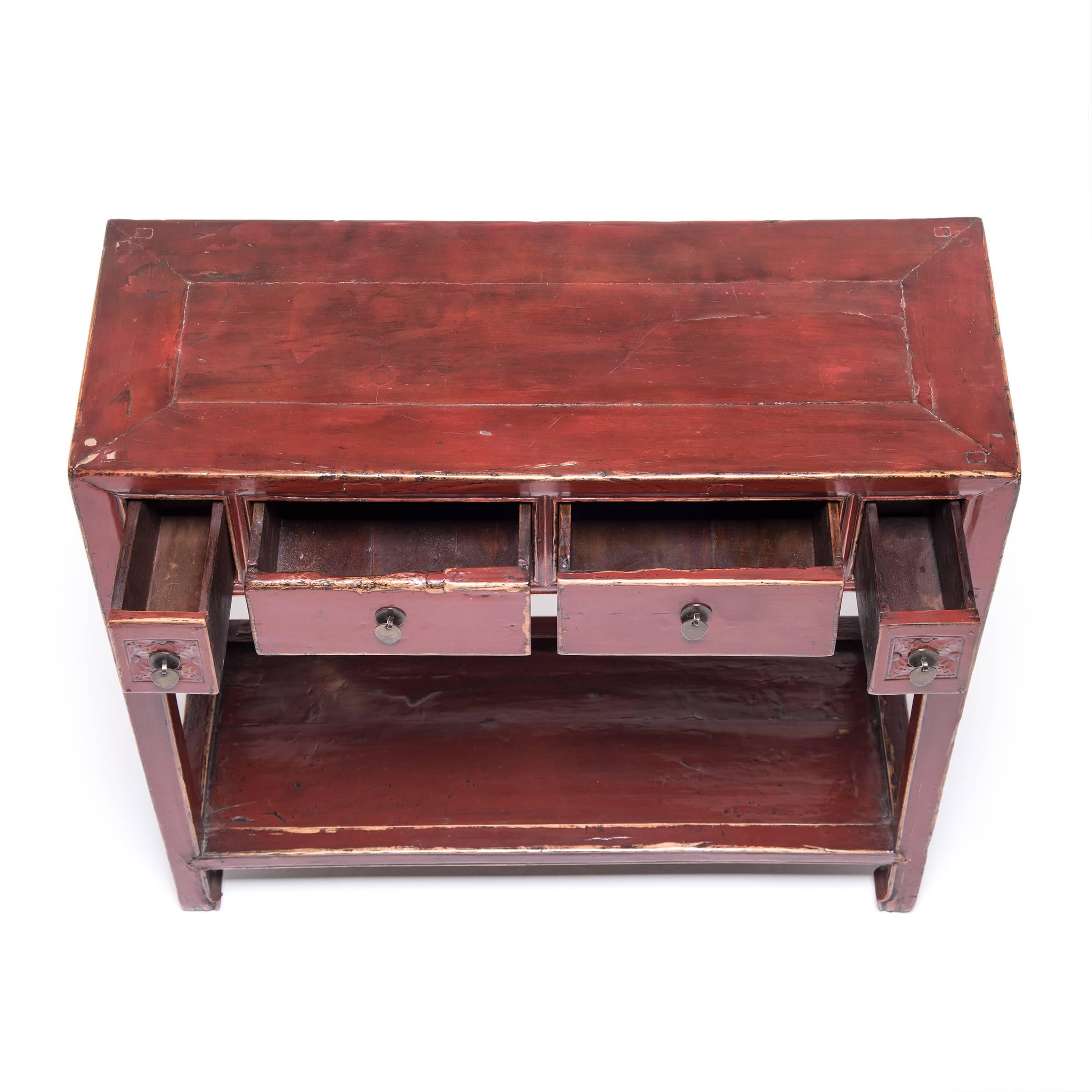 20th Century Four-Drawer Chinese Red Lacquer Table with Shelf