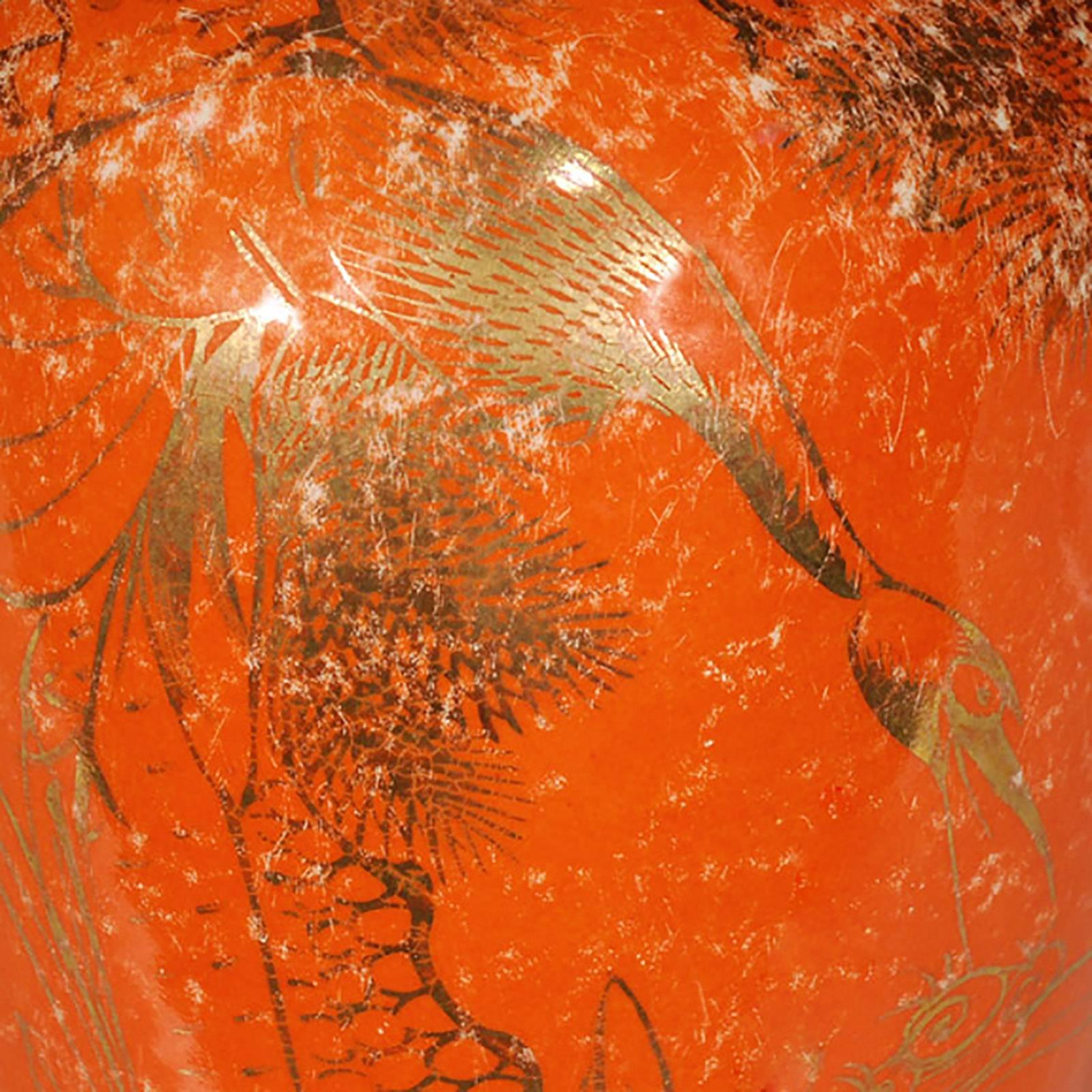 Glazed Chinese Persimmon Crane Phoenix Tail Vase with Gilt Handles