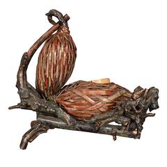 Woven Nest Form Ikebana Basket on Hardwood Stand 4