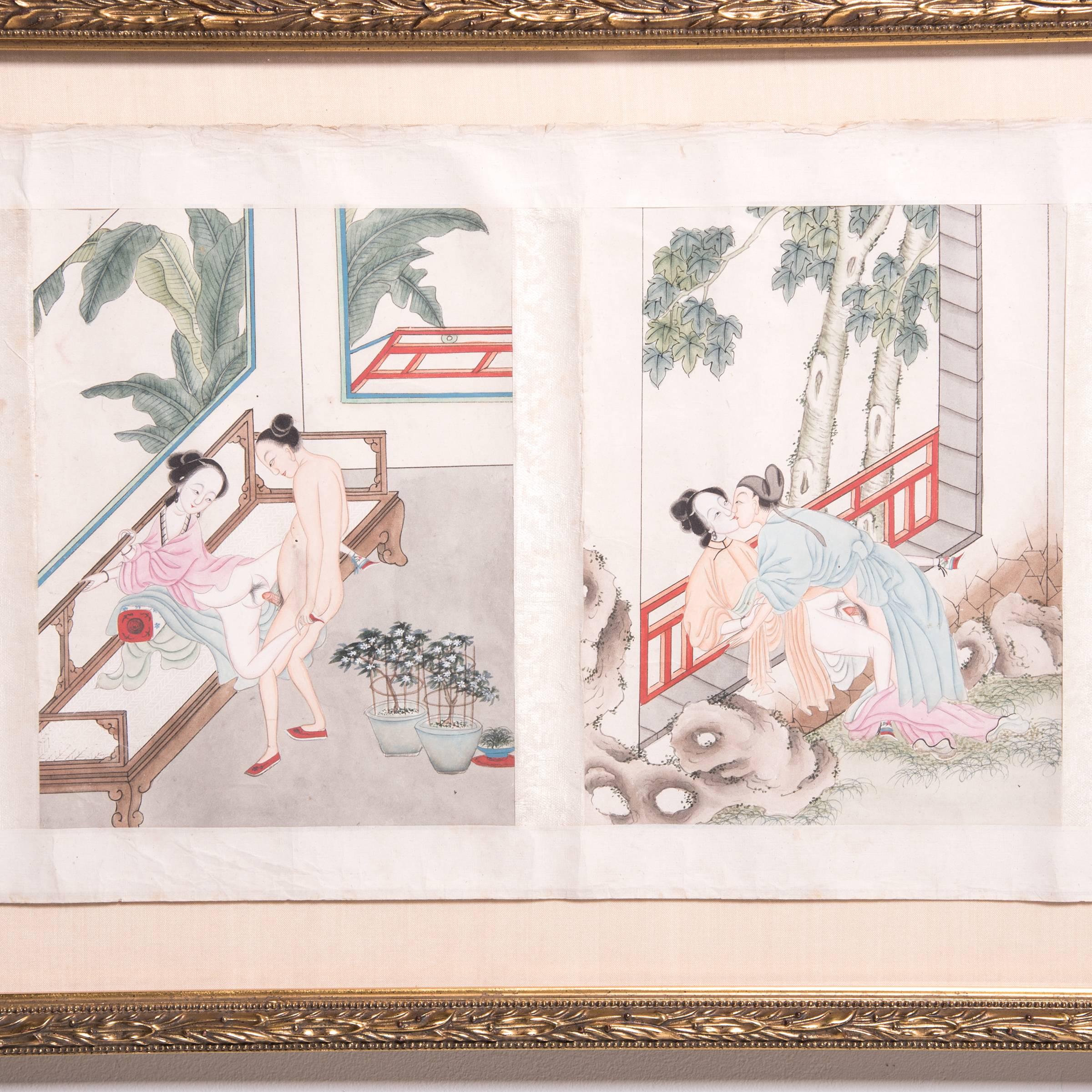 Libro de almohadas eróticas chinas enmarcado, c. 1850 Qing en venta