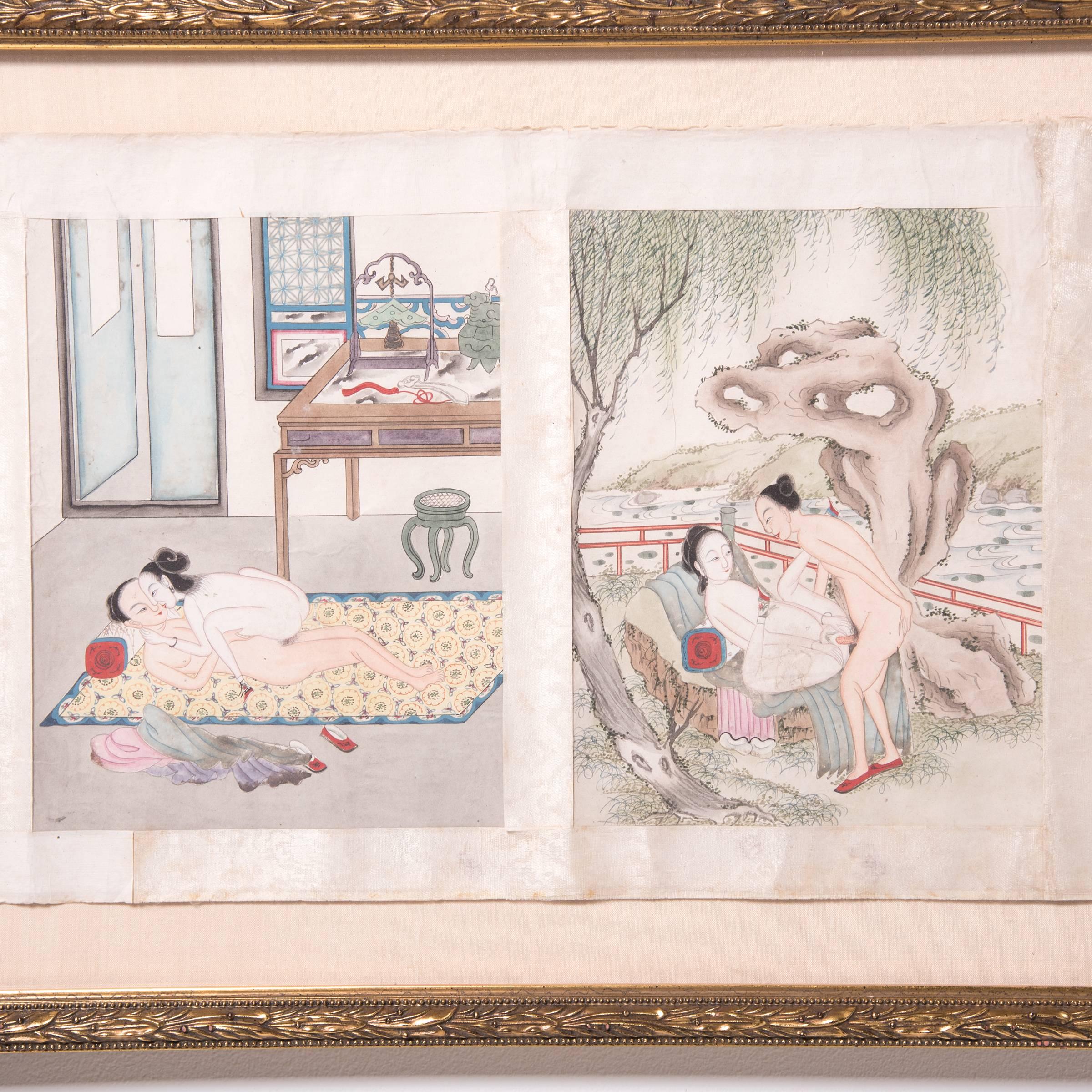 Libro de almohadas eróticas chinas enmarcado, c. 1850 Pintado en venta