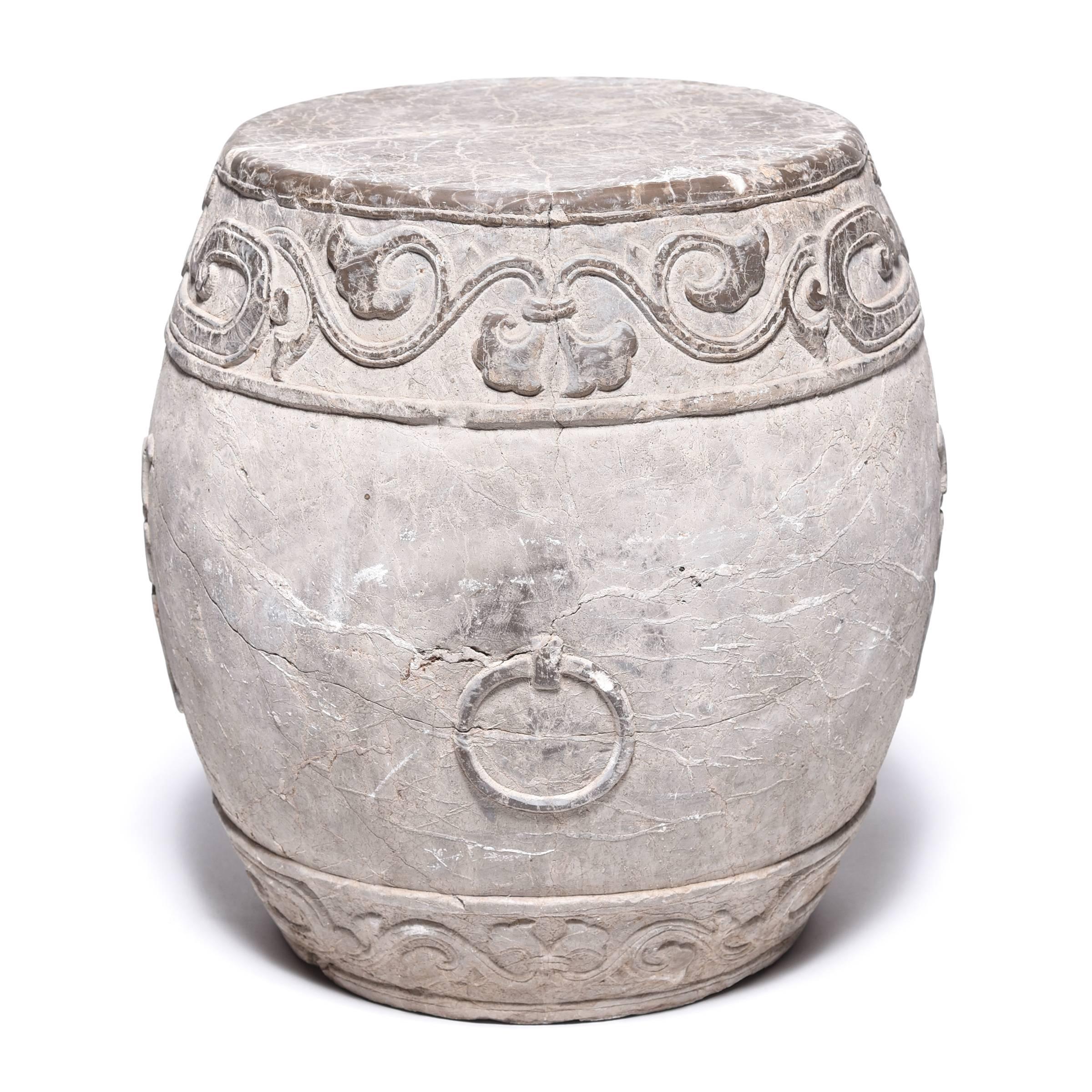 Hand-Carved Chinese Trailing Vine Stone Drum Stool