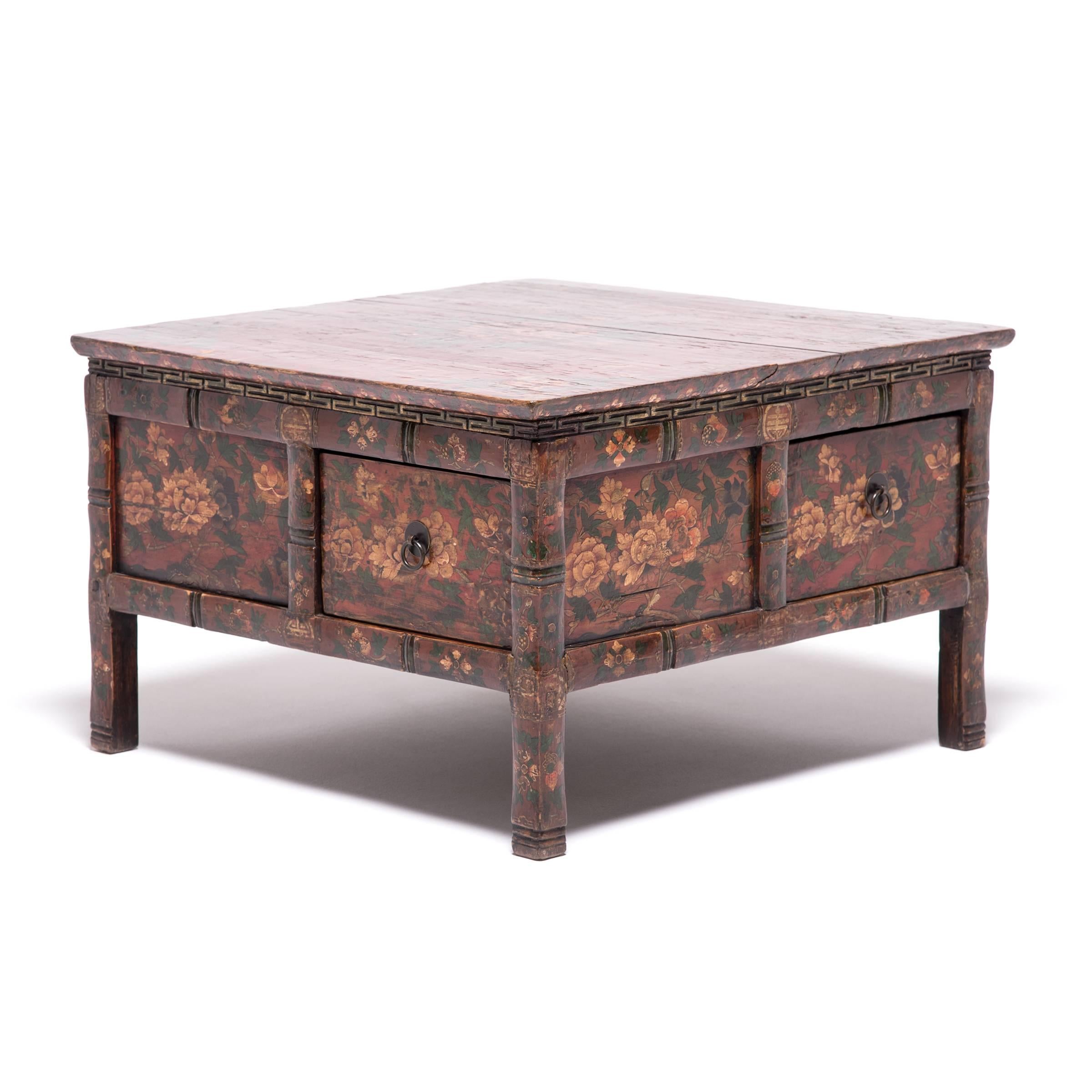 Low Tibetan Peony Table with Four Drawers, c. 1850 In Good Condition In Chicago, IL