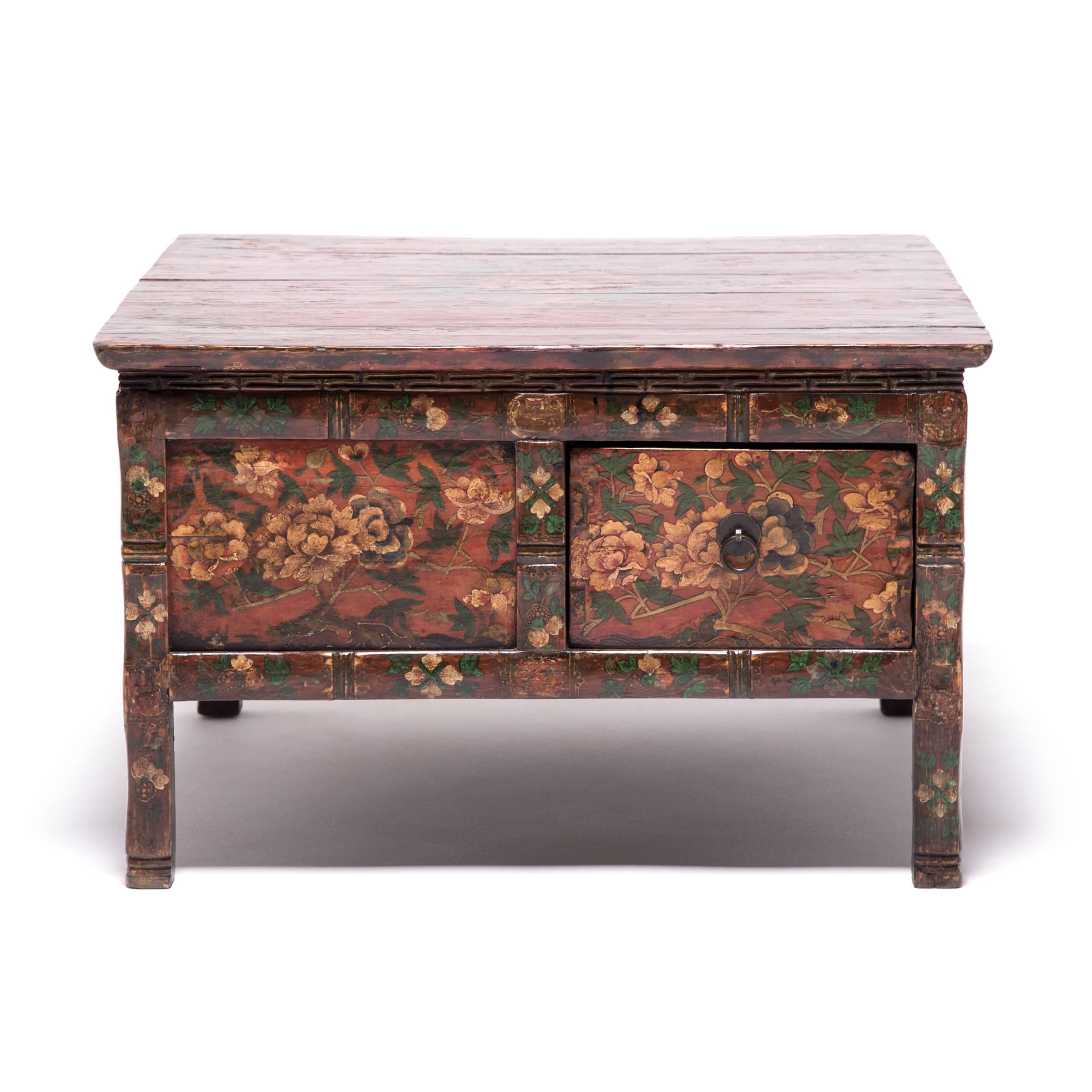 Hand-Painted Low Tibetan Peony Table with Four Drawers, c. 1850