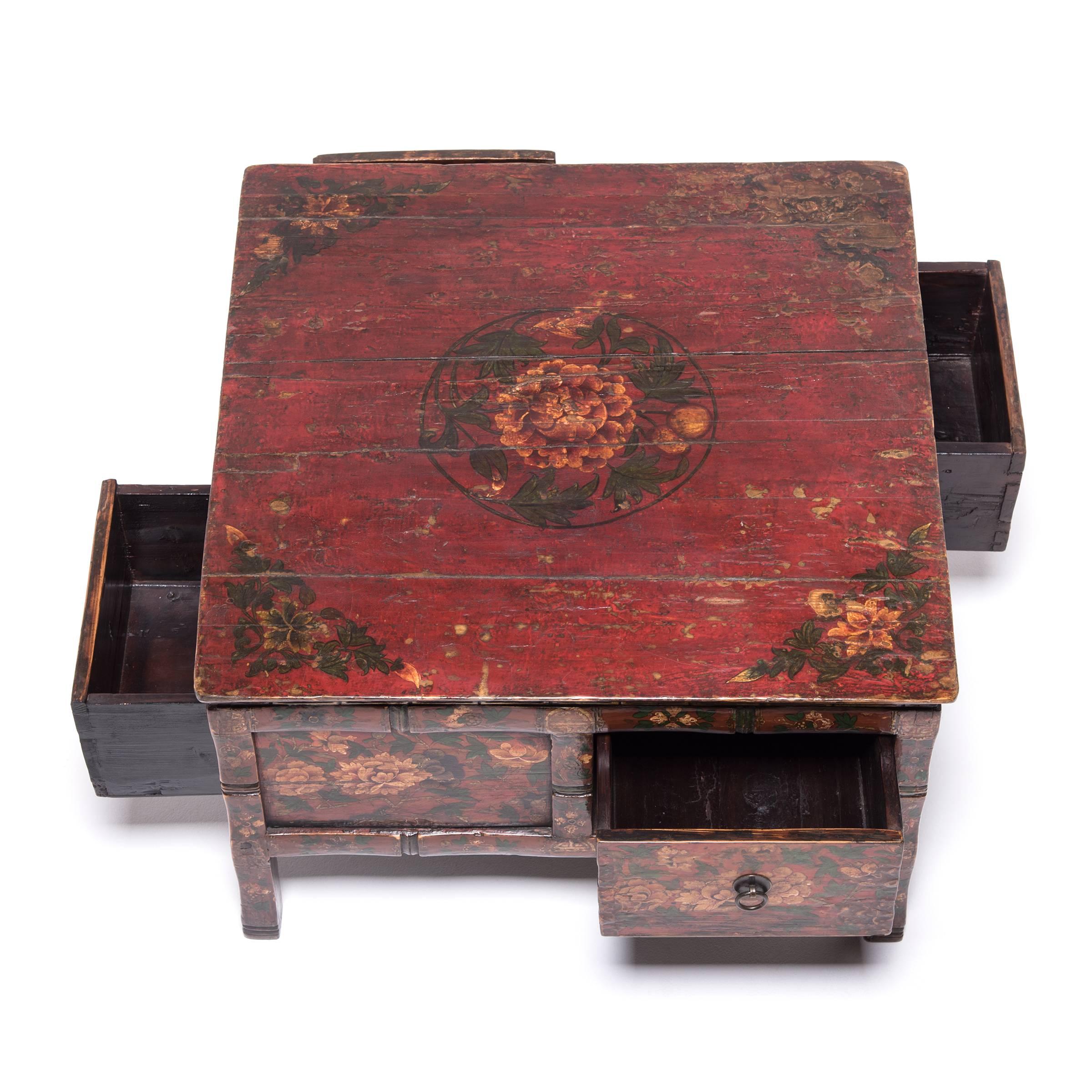 Pine Low Tibetan Peony Table with Four Drawers, c. 1850