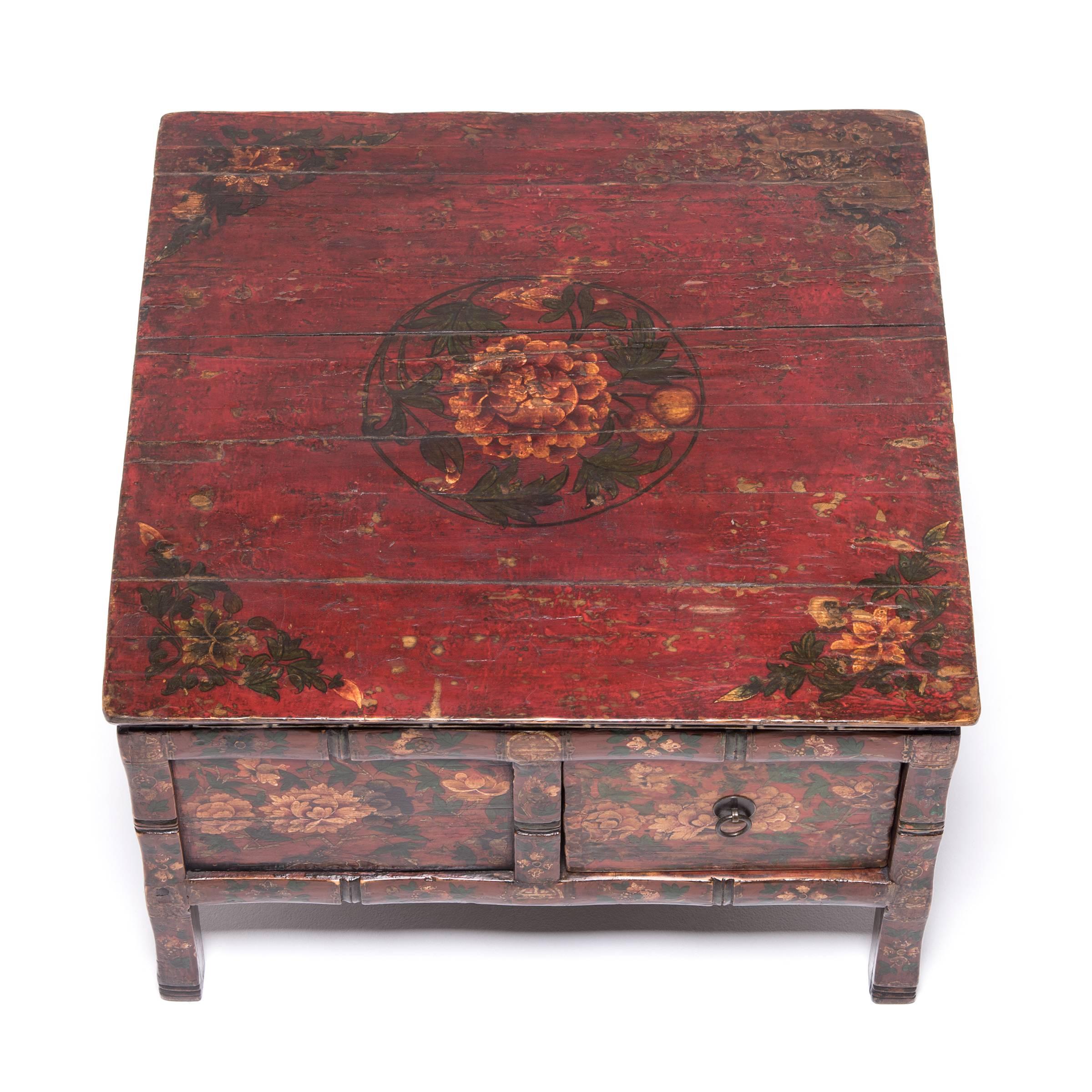 19th Century Low Tibetan Peony Table with Four Drawers, c. 1850