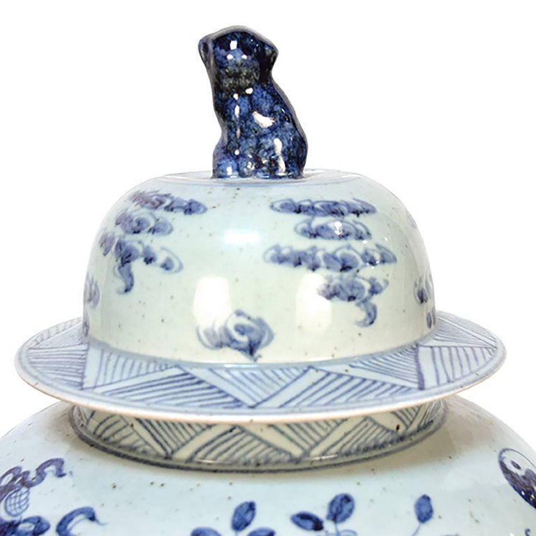 Glazed Chinese Blue and White Jar with Scholars' Objects For Sale