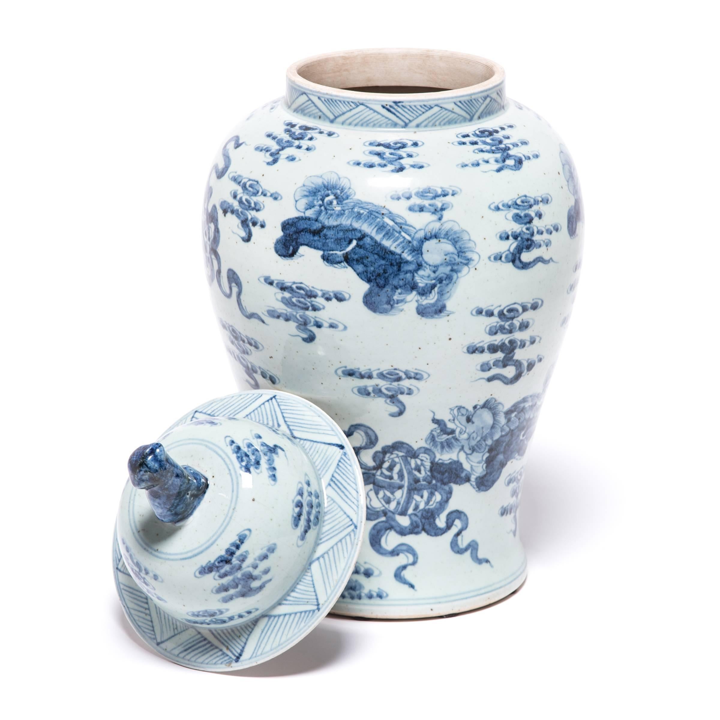 Contemporary Chinese Blue-and-white Covered Shizi Jar